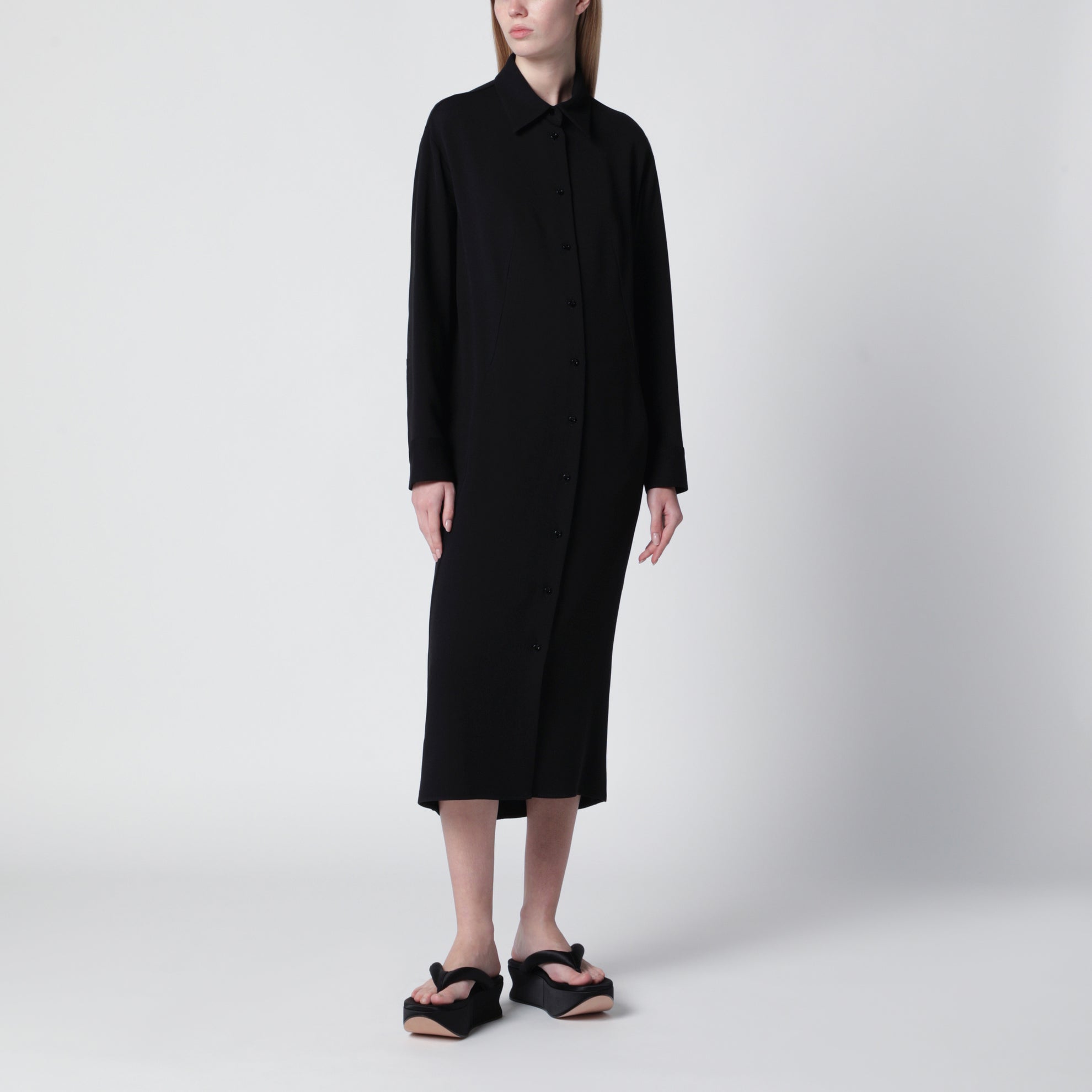 Robe-chemise noire en laine et soie