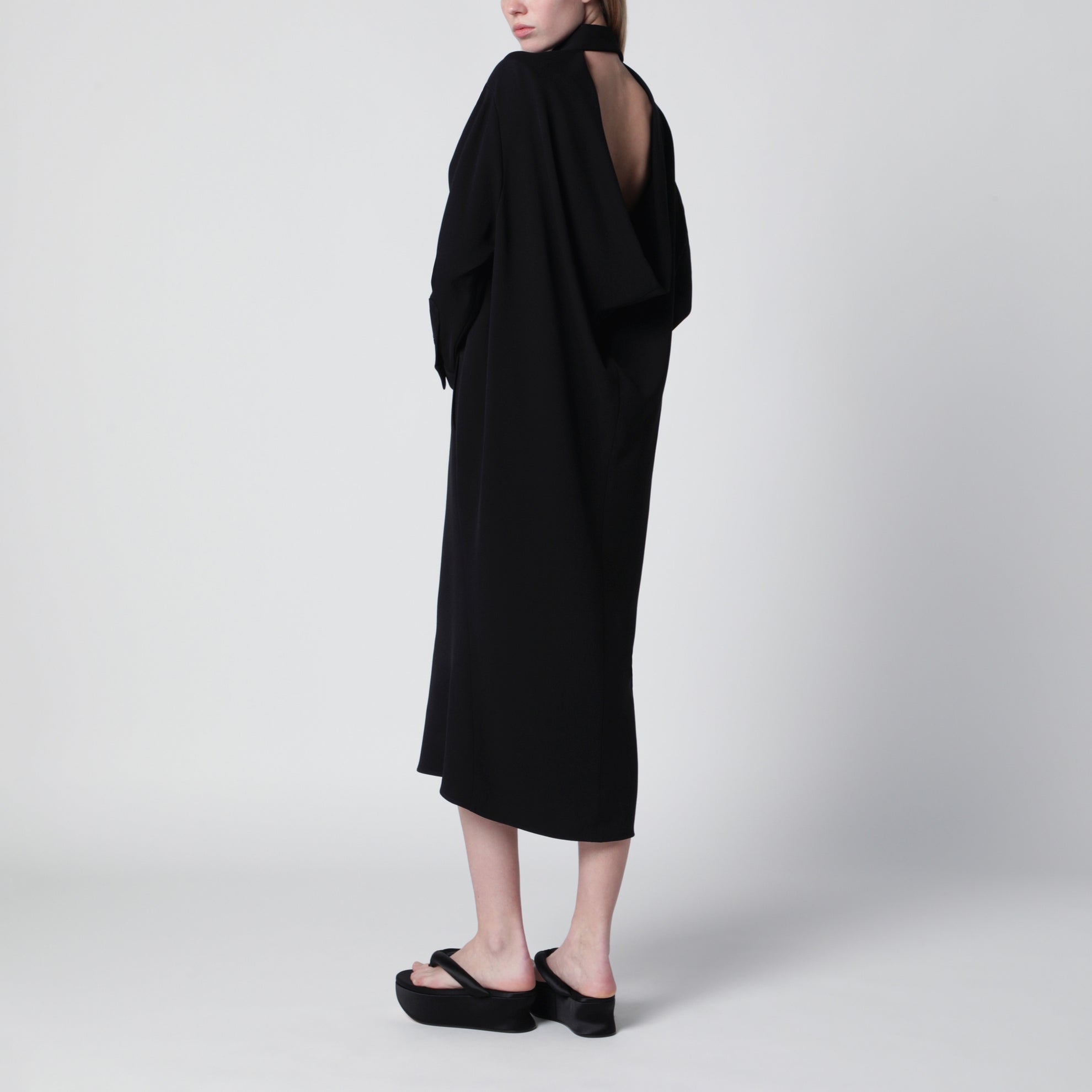 Robe-chemise noire en laine et soie