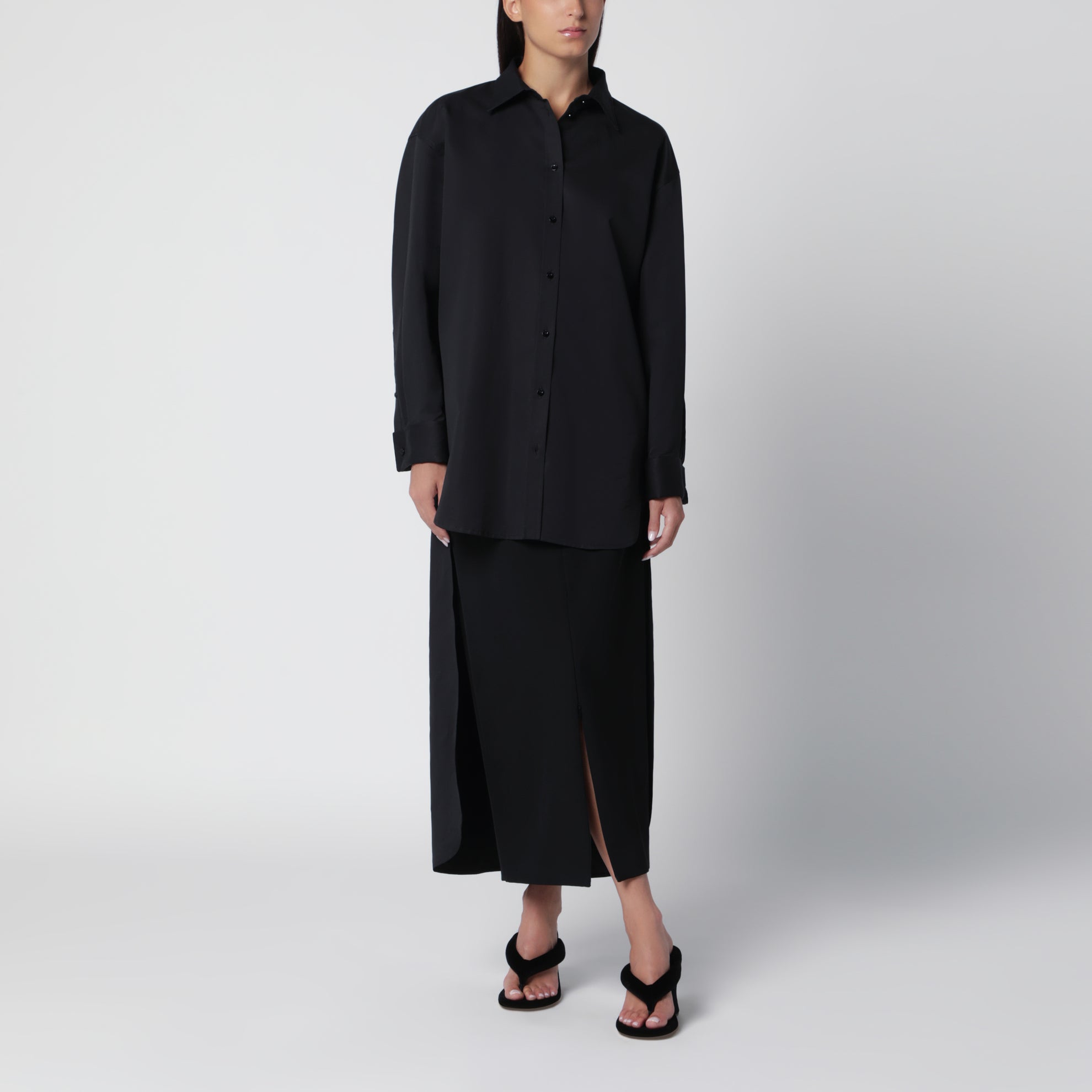 Lange Hemdbluse Train schwarz aus Baumwollseide