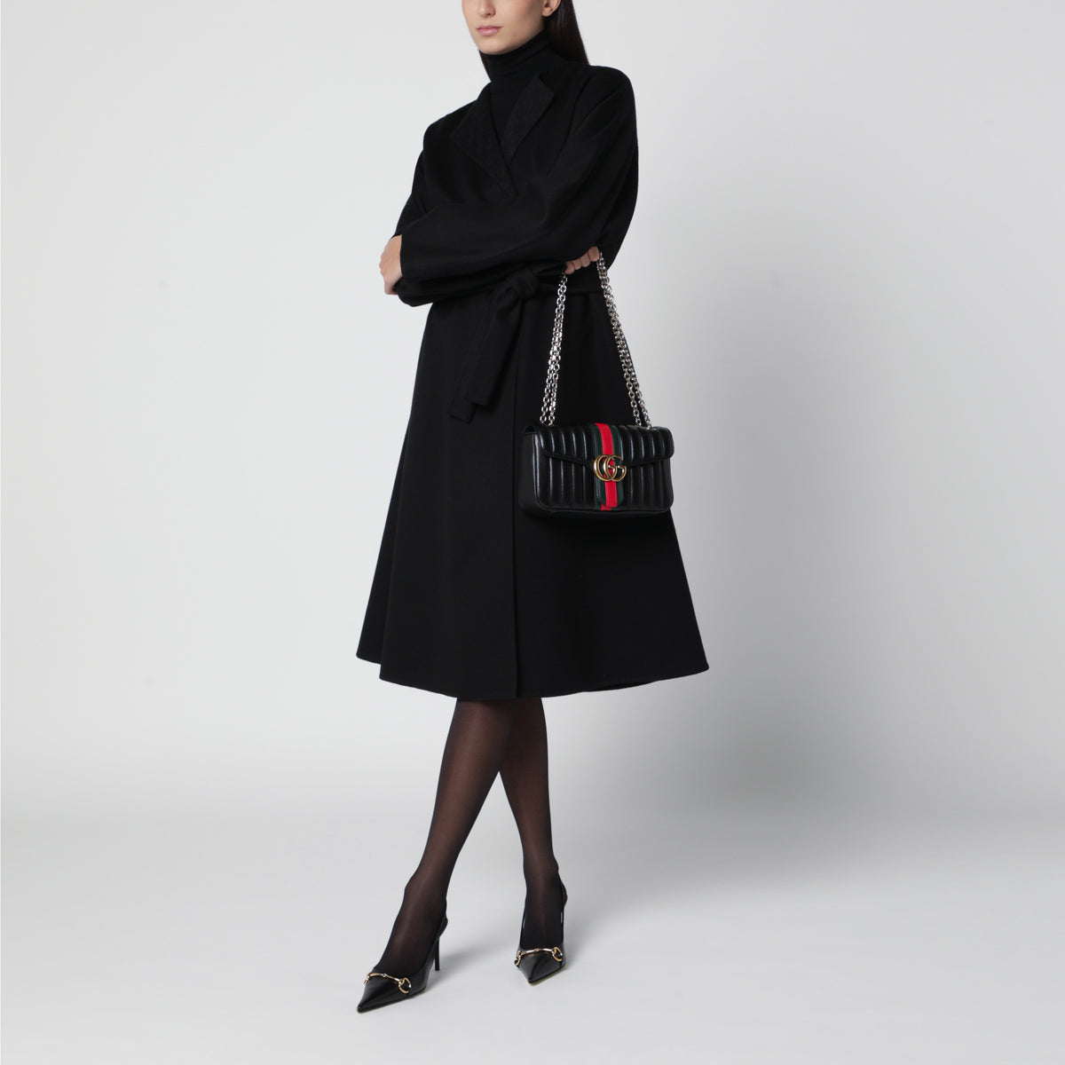 Cappotto lungo nero in seta e lana