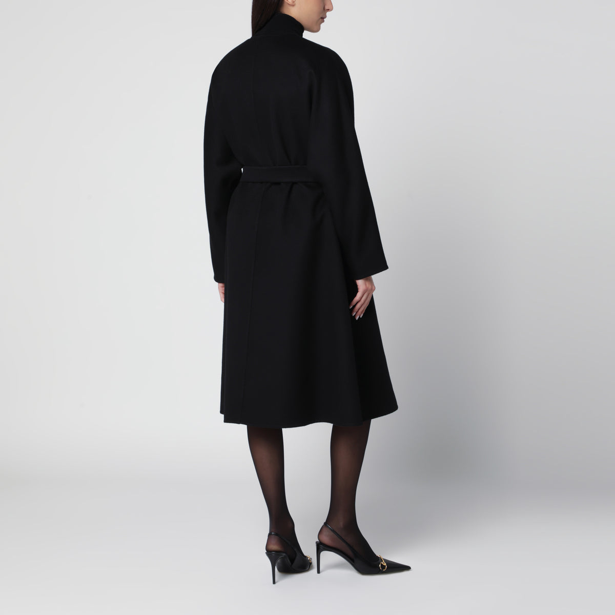 Cappotto lungo nero in seta e lana