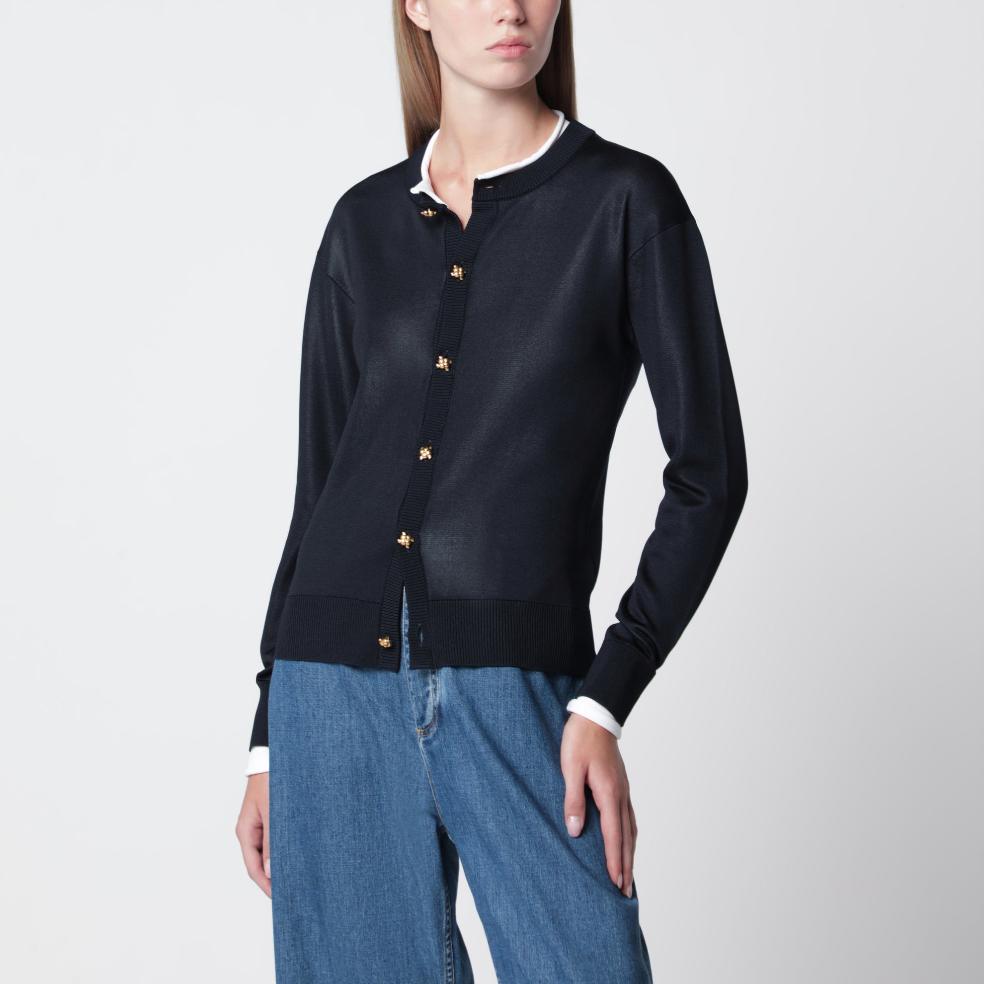 Cardigan in maglia di seta doppia blu notte/bianco