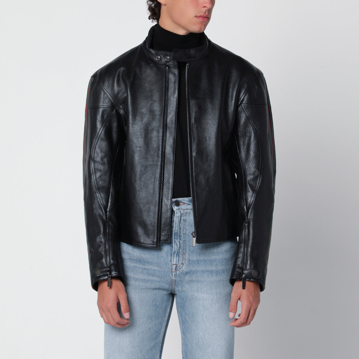 Giacca biker nera in pelle di vitello