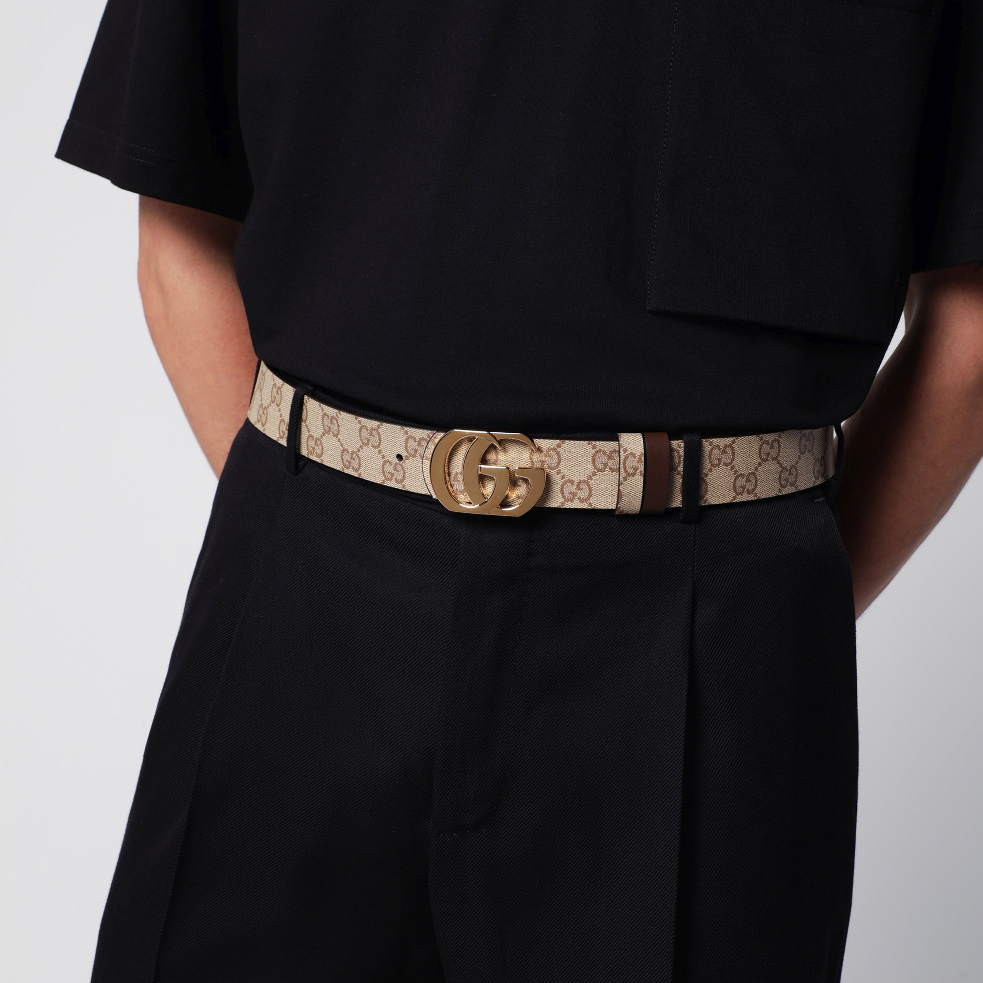 Cintura reversibile Cut GG Marmont sabbia/marrone scuro