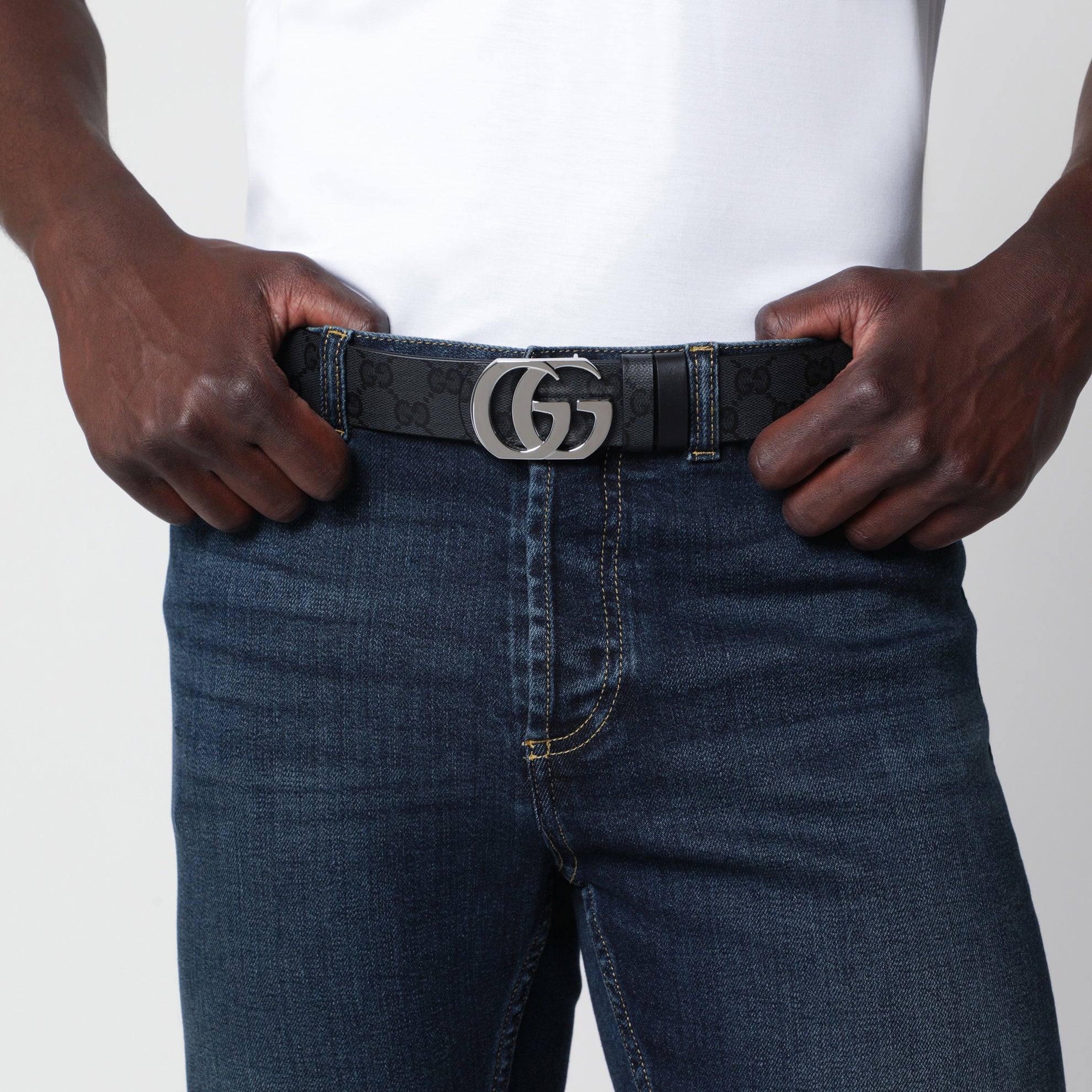 Wendegürtel Cut GG Marmont aus Stoff/Leder, schwarz