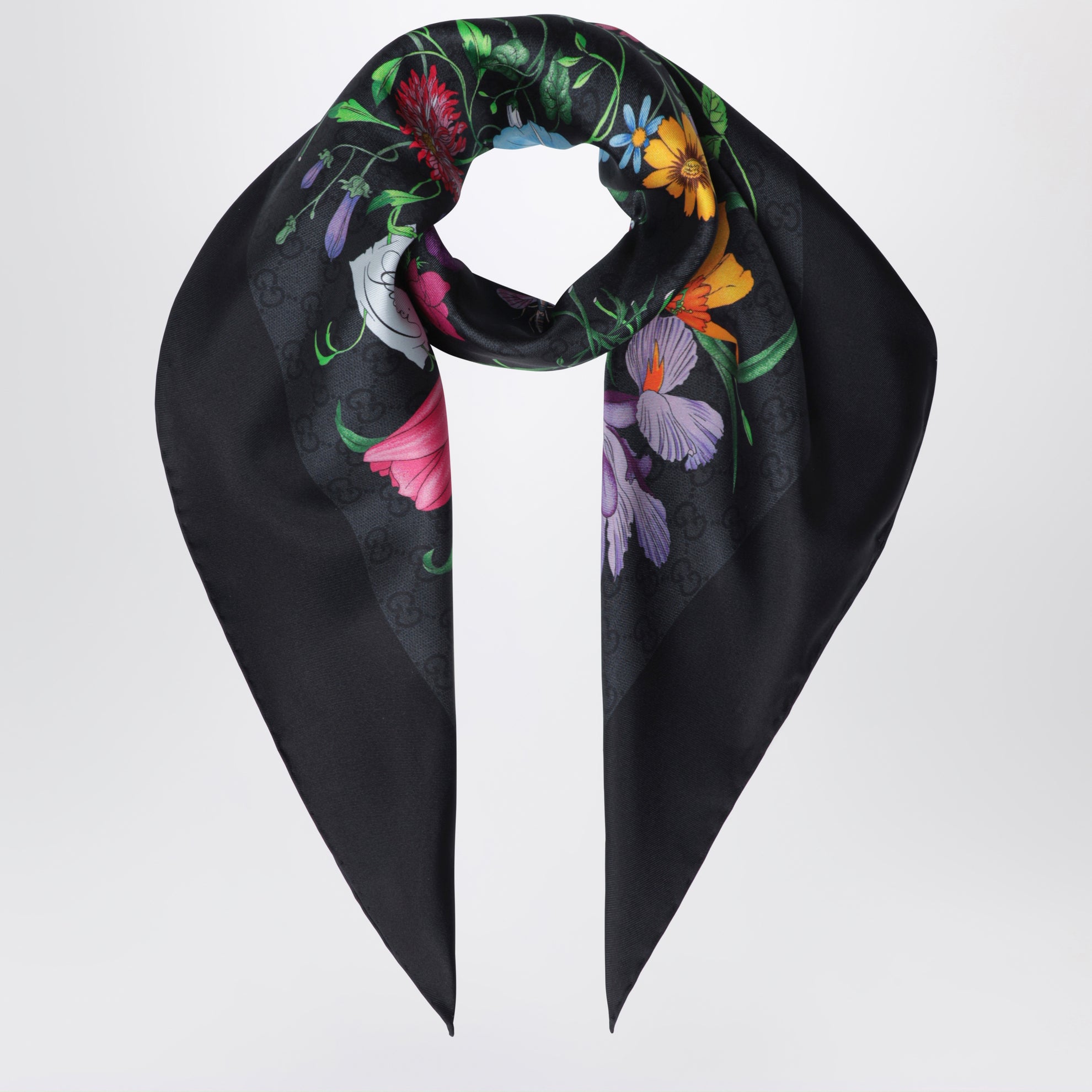 Carré aus Seidentwill mit GG Flora-Print in Schwarz