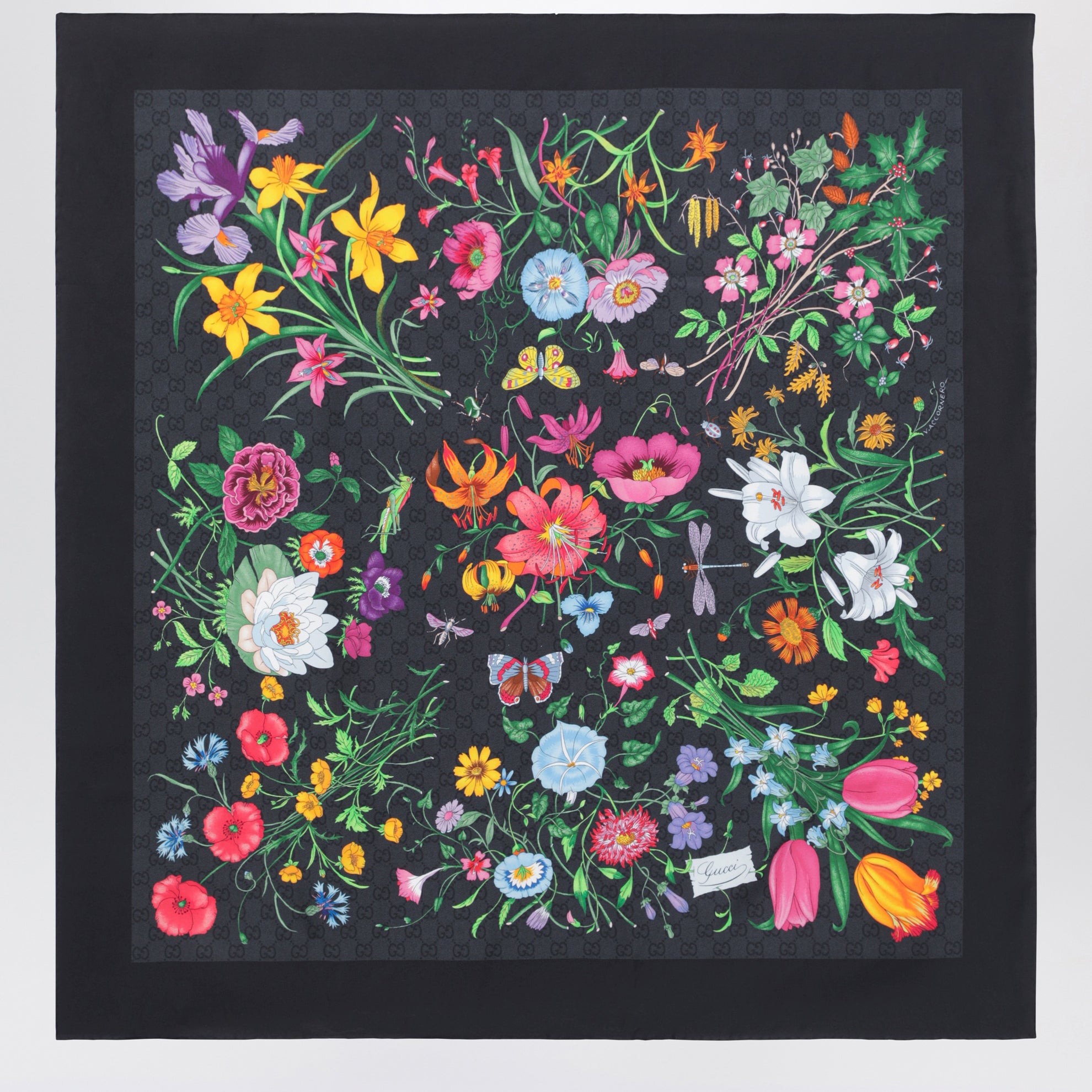 Carré aus Seidentwill mit GG Flora-Print in Schwarz