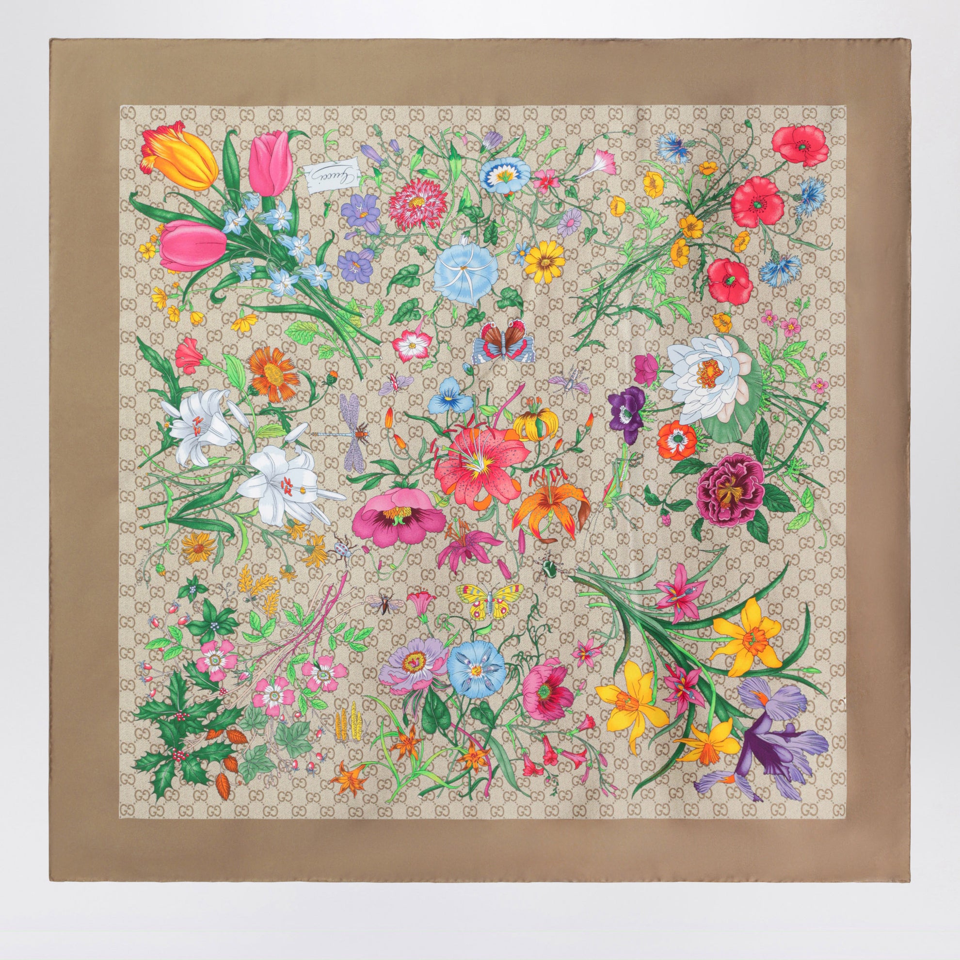Carré aus Seidentwill mit GG Flora-Print in Hellbraun