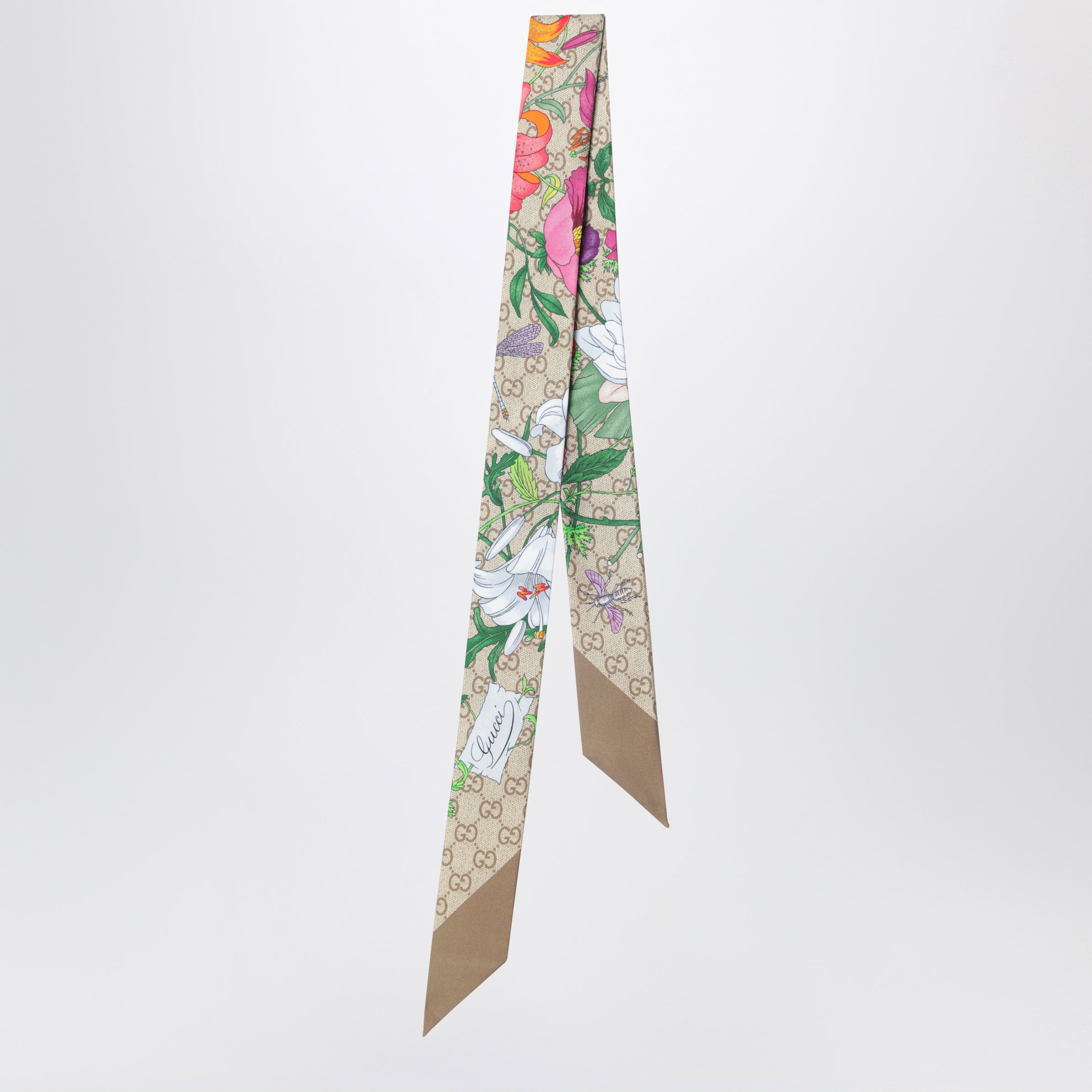Seidenband mit GG Flora-Print in Hellbraun