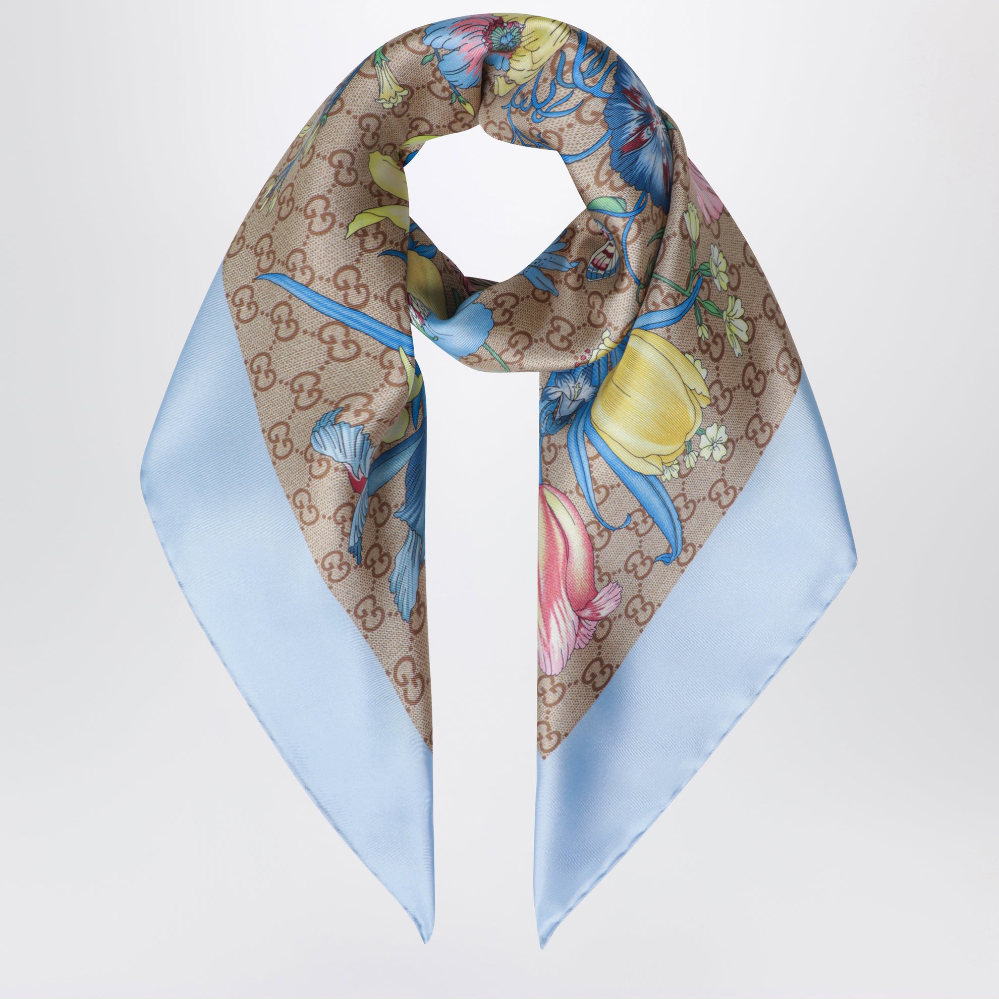 Carré aus Seidentwill mit GG-Print in Himmelblau