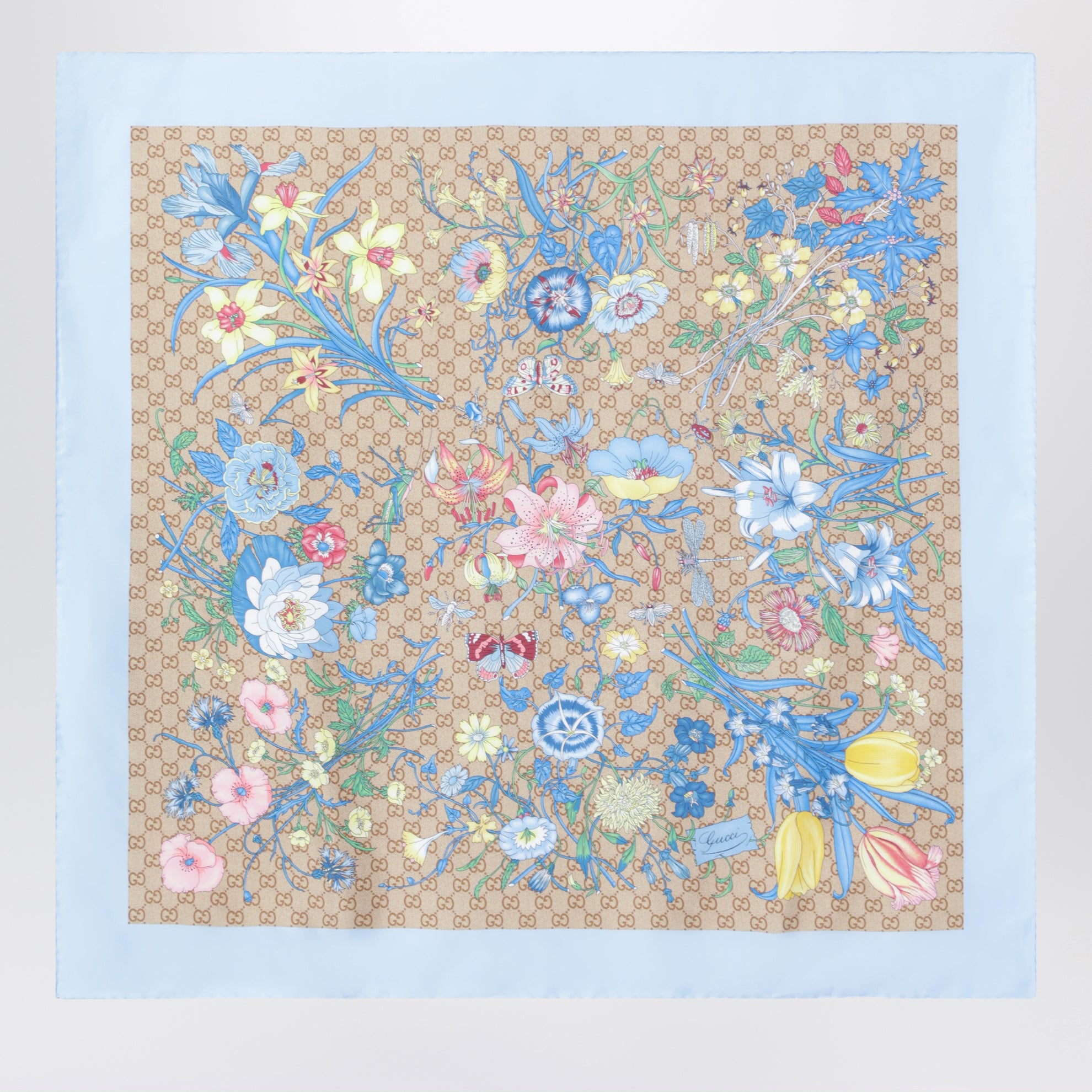 Carré aus Seidentwill mit GG-Print in Himmelblau