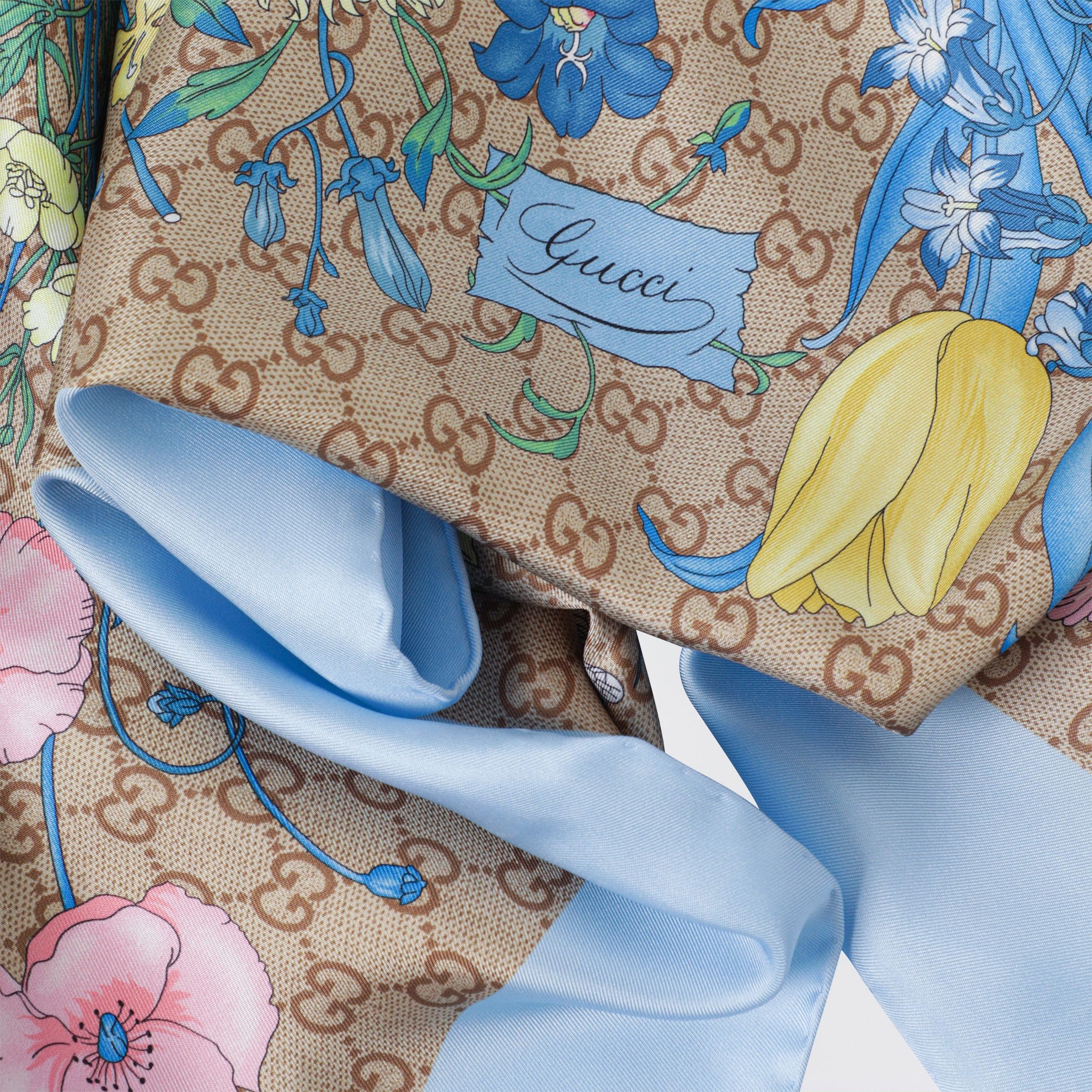 Carré aus Seidentwill mit GG-Print in Himmelblau