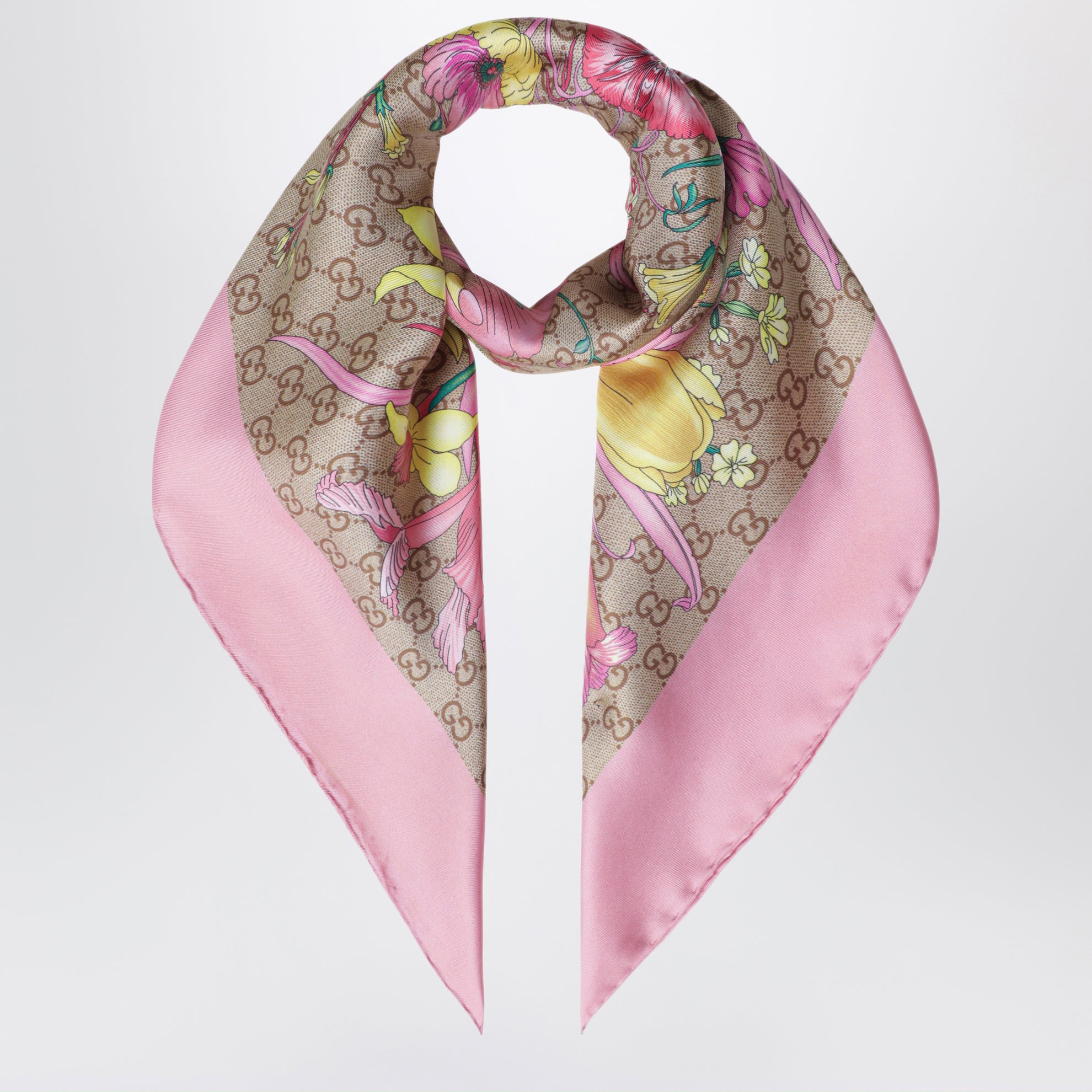 Carré aus Seidentwill mit GG-Print in Rosa