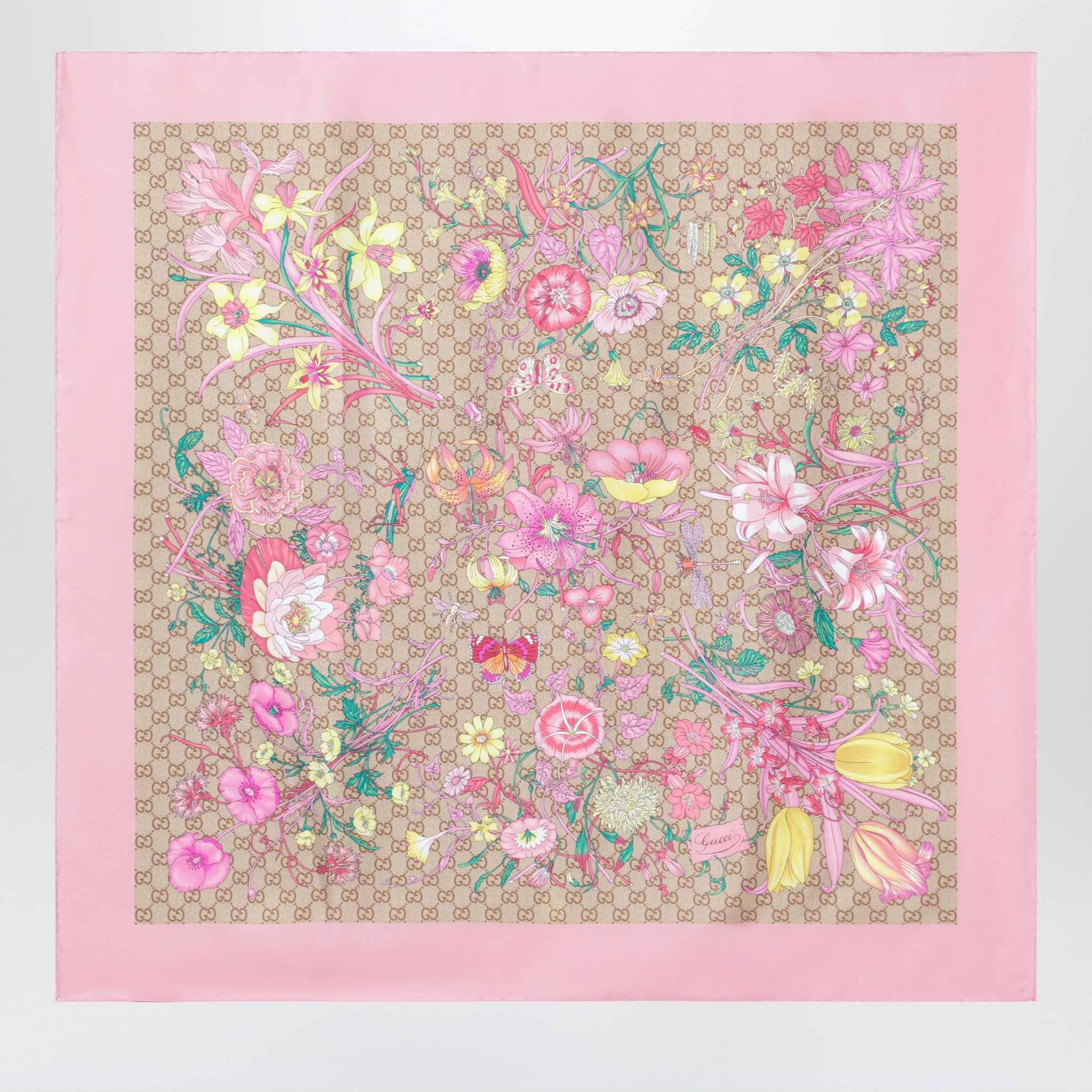 Carré aus Seidentwill mit GG-Print in Rosa