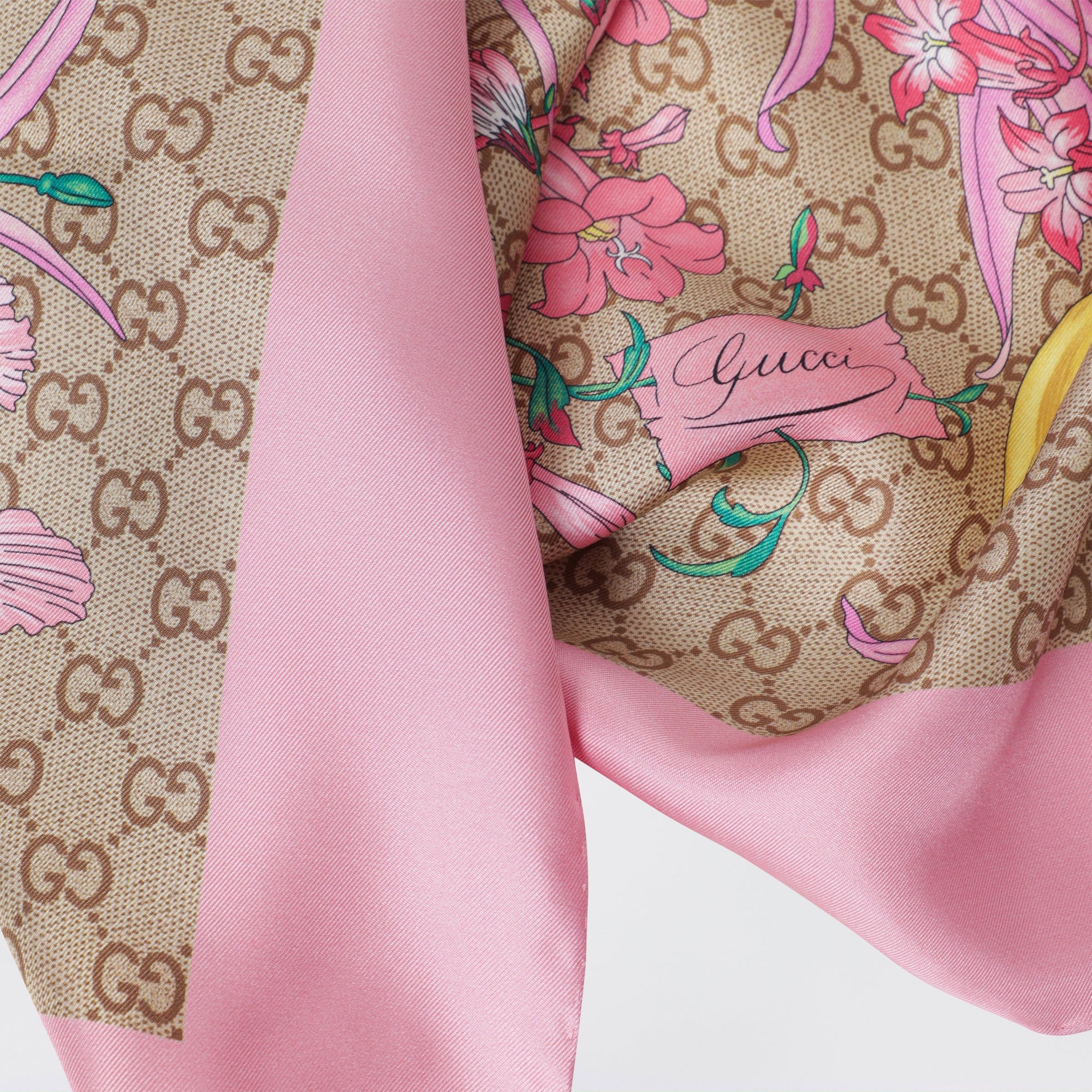 Carré aus Seidentwill mit GG-Print in Rosa