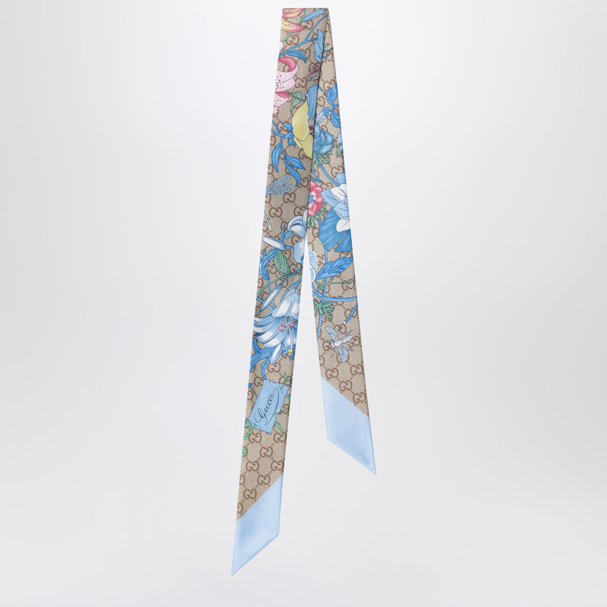 Bedrucktes Seidenband mit Flora-Motiv in Hellblau