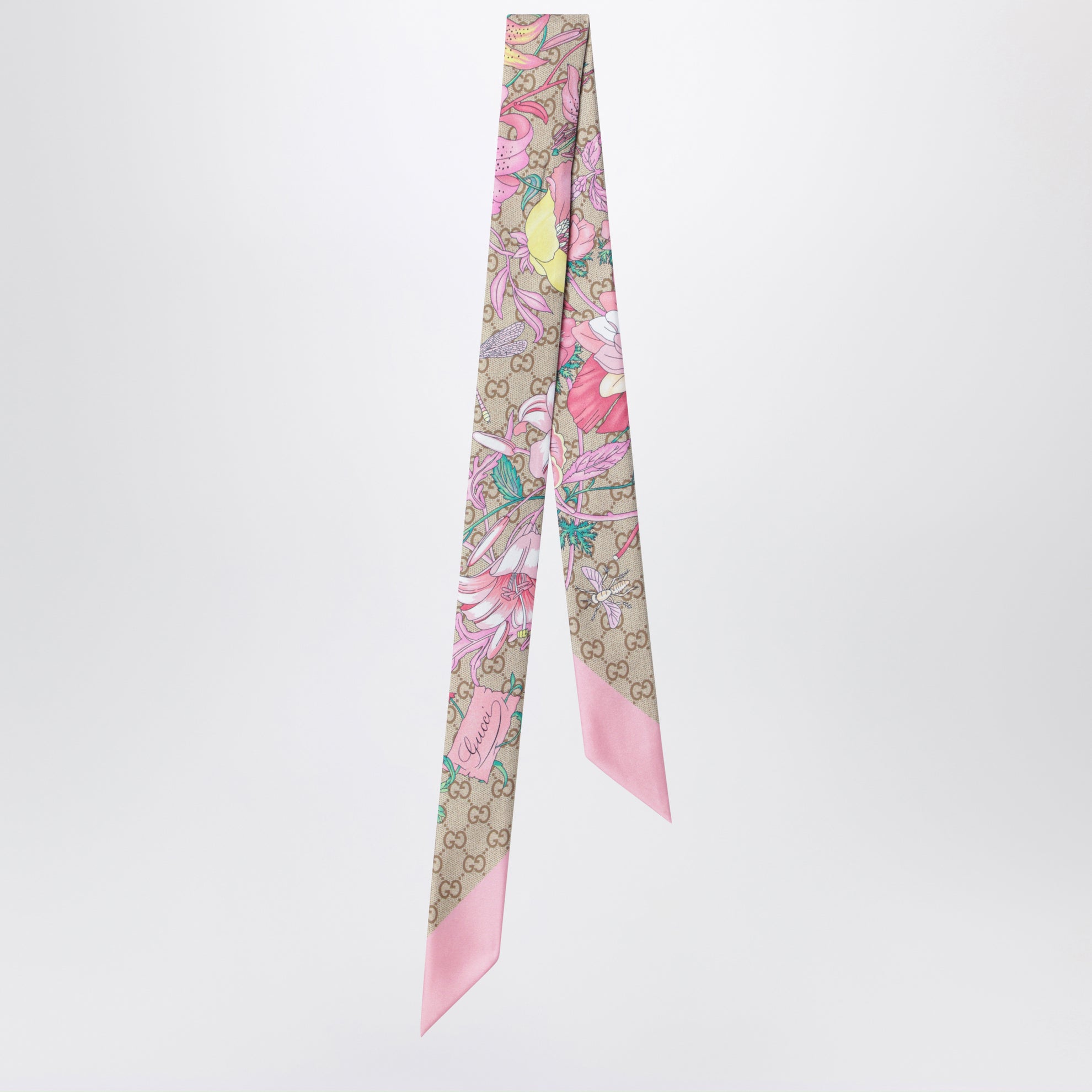 Bedrucktes Seidenband mit Flora-Motiv in Rosa