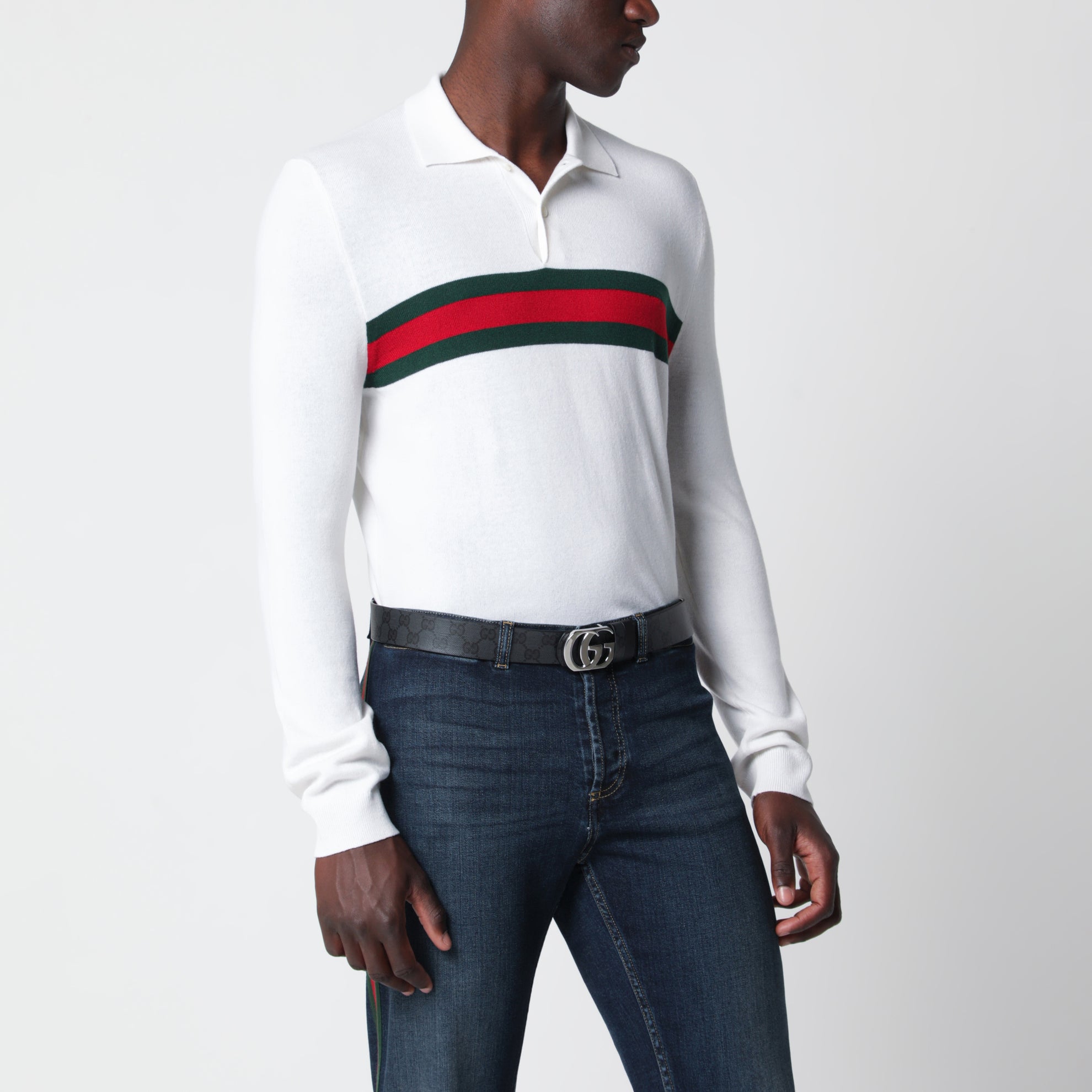 Weißes Kaschmir-Poloshirt mit Web-Motiv