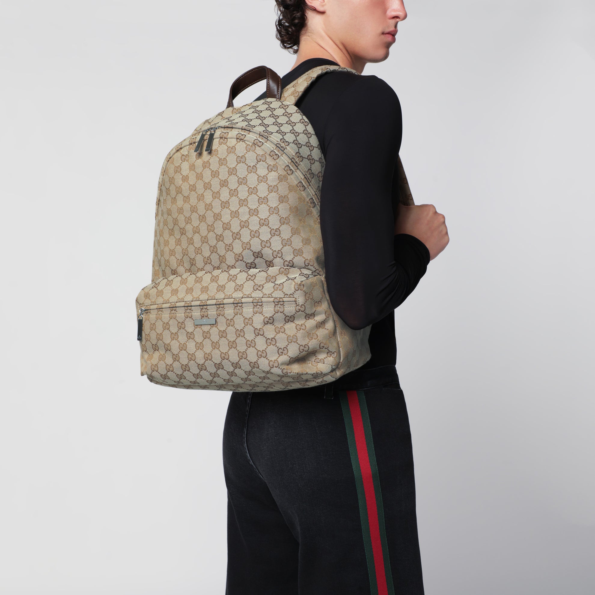 Grand sac à dos Tag en toile GG sable/marron