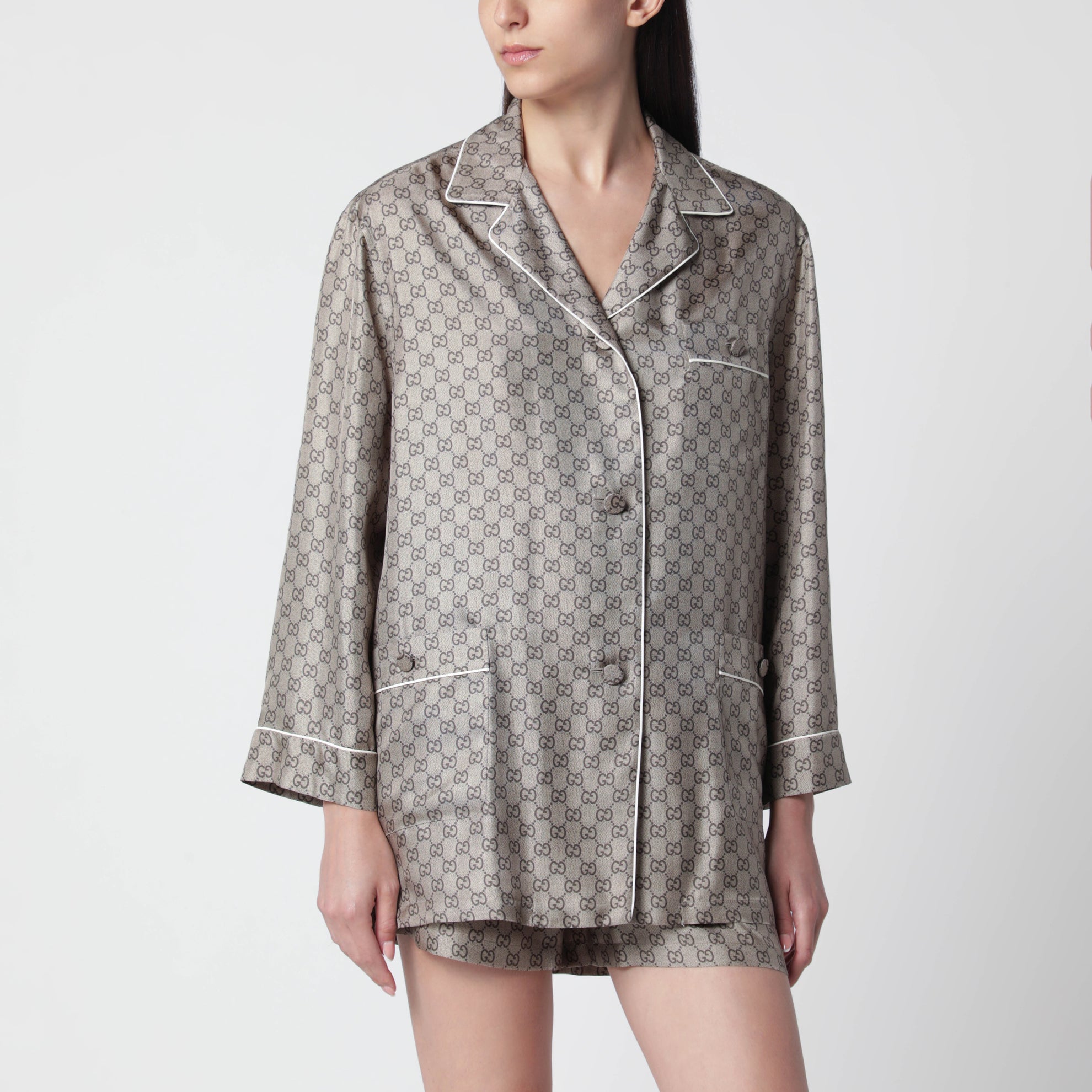 Camicia in twill di seta con stampa GG beige