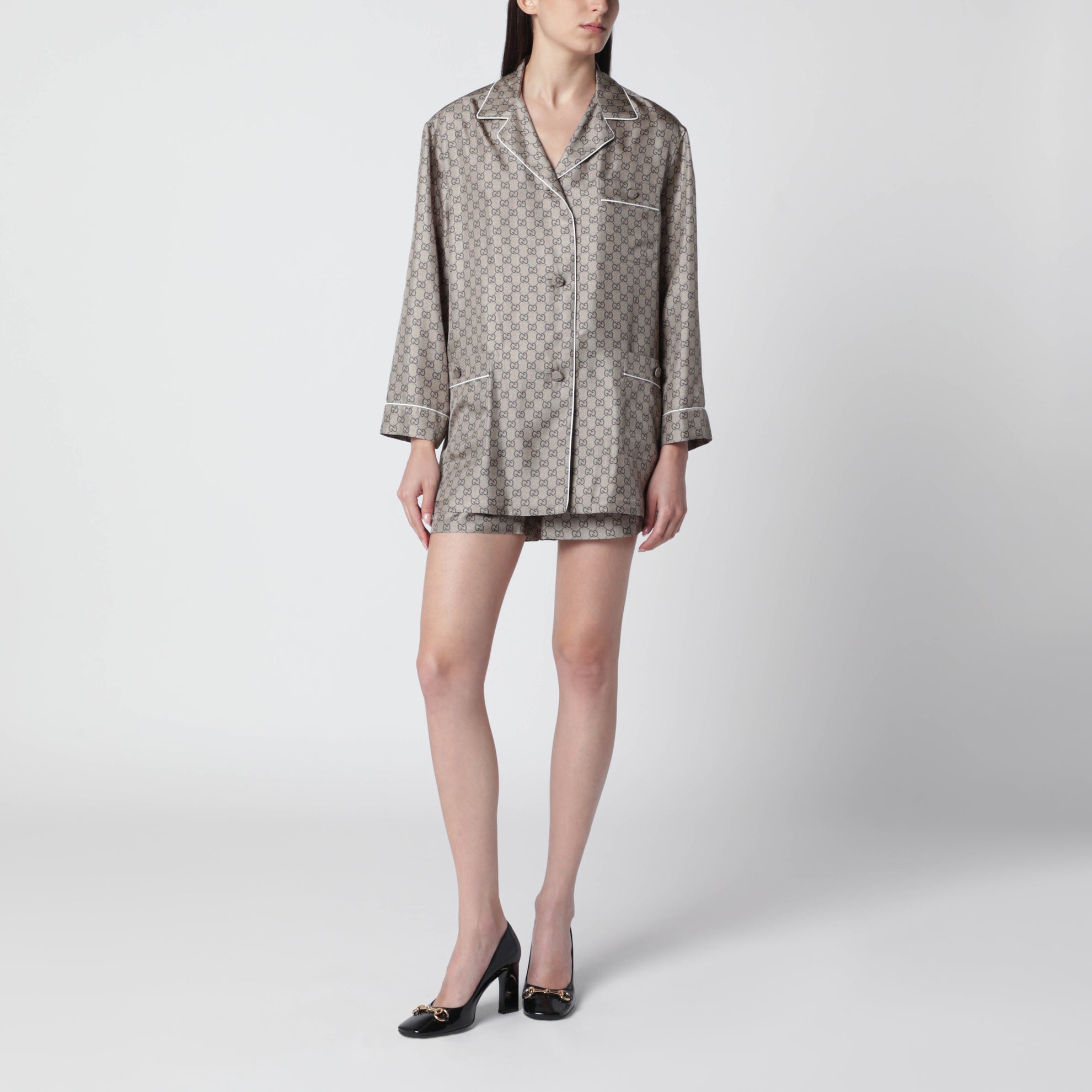 Camicia in twill di seta con stampa GG beige
