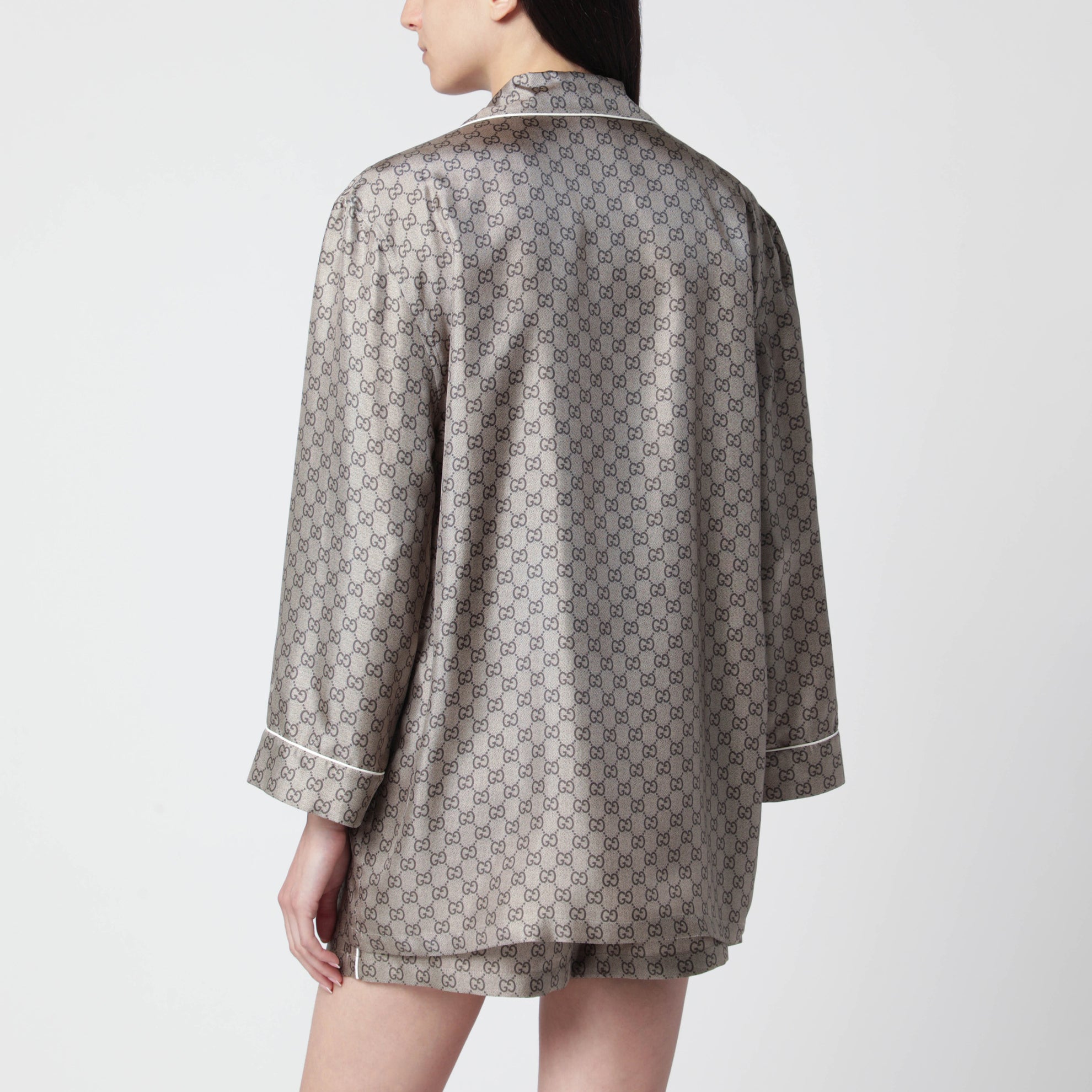 Camicia in twill di seta con stampa GG beige