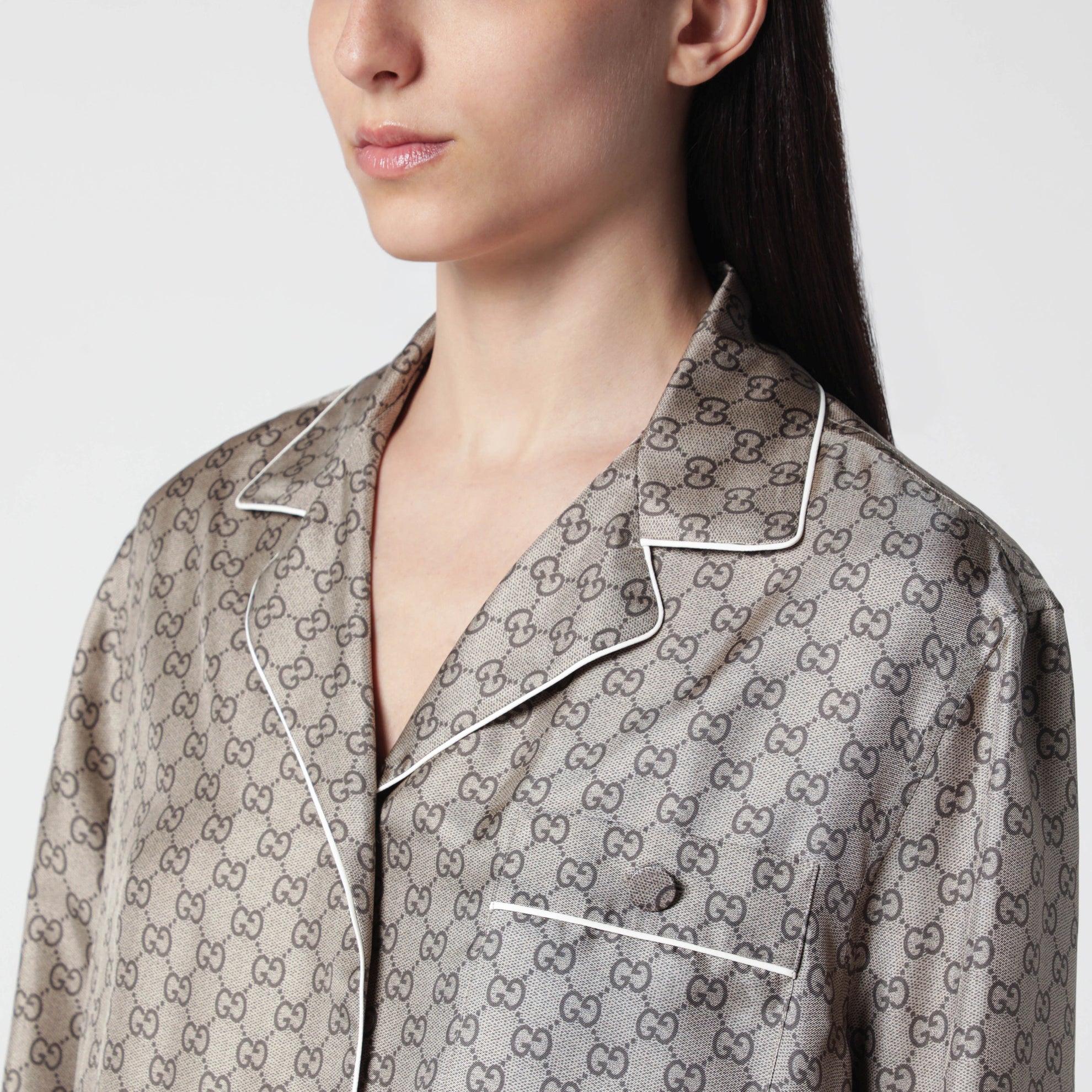 Camicia in twill di seta con stampa GG beige