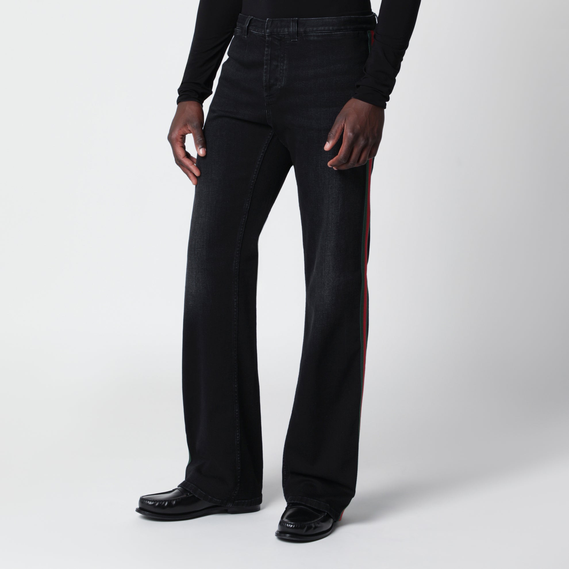 Pantalone in denim di cotone con nastro Web nero