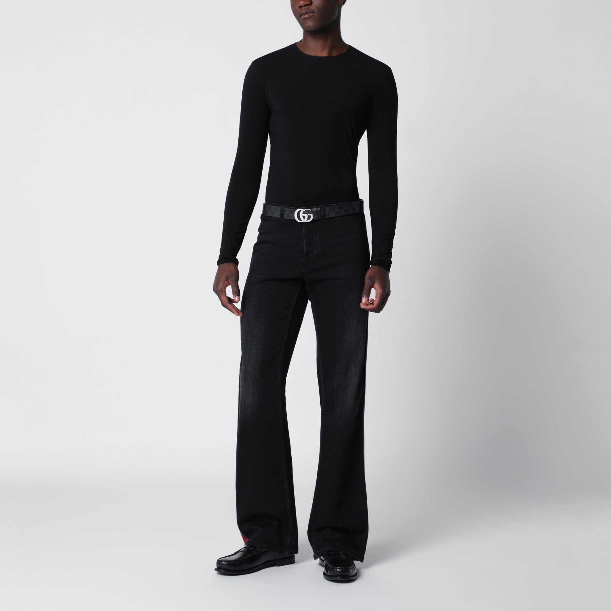 Pantalone in denim di cotone con nastro Web nero