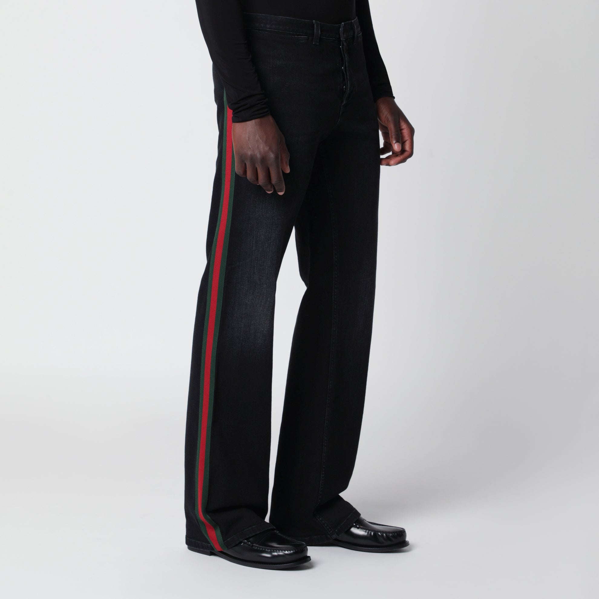 Pantalone in denim di cotone con nastro Web nero
