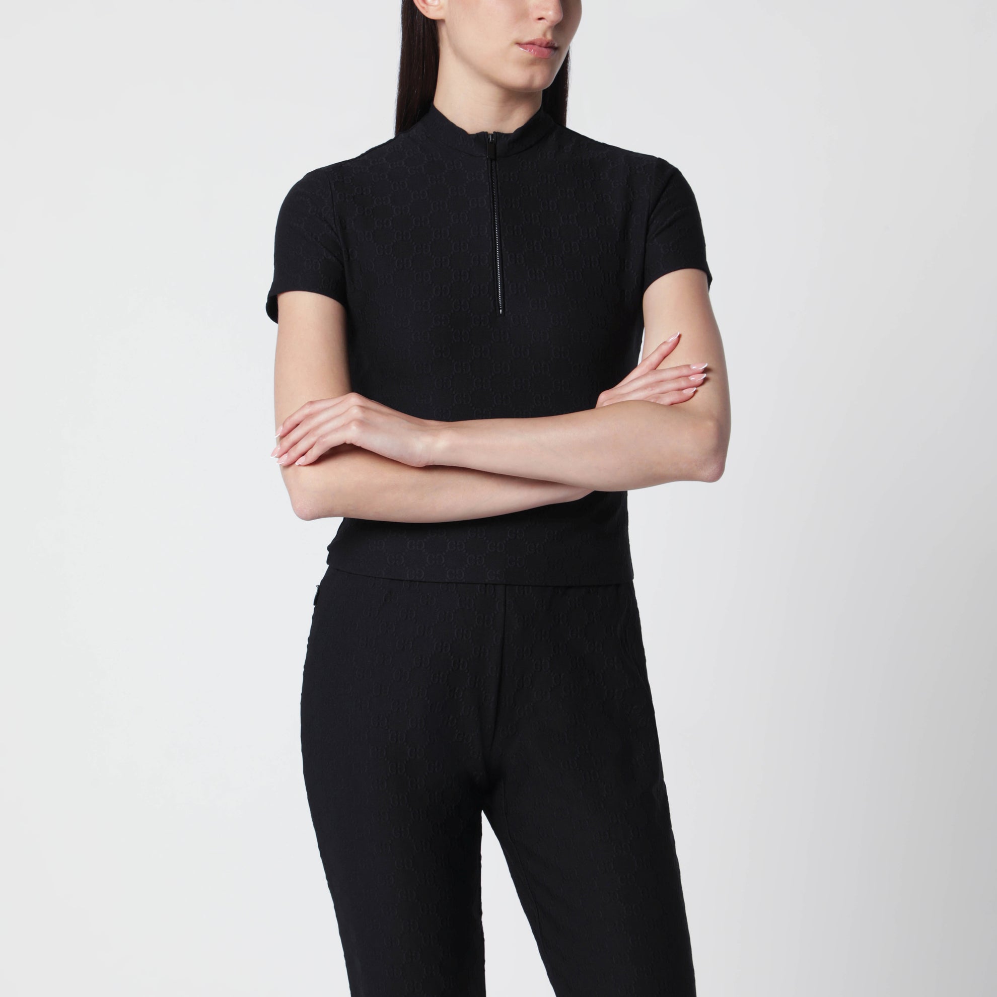 T-shirt in jersey jacquard GG con mezza zip nera