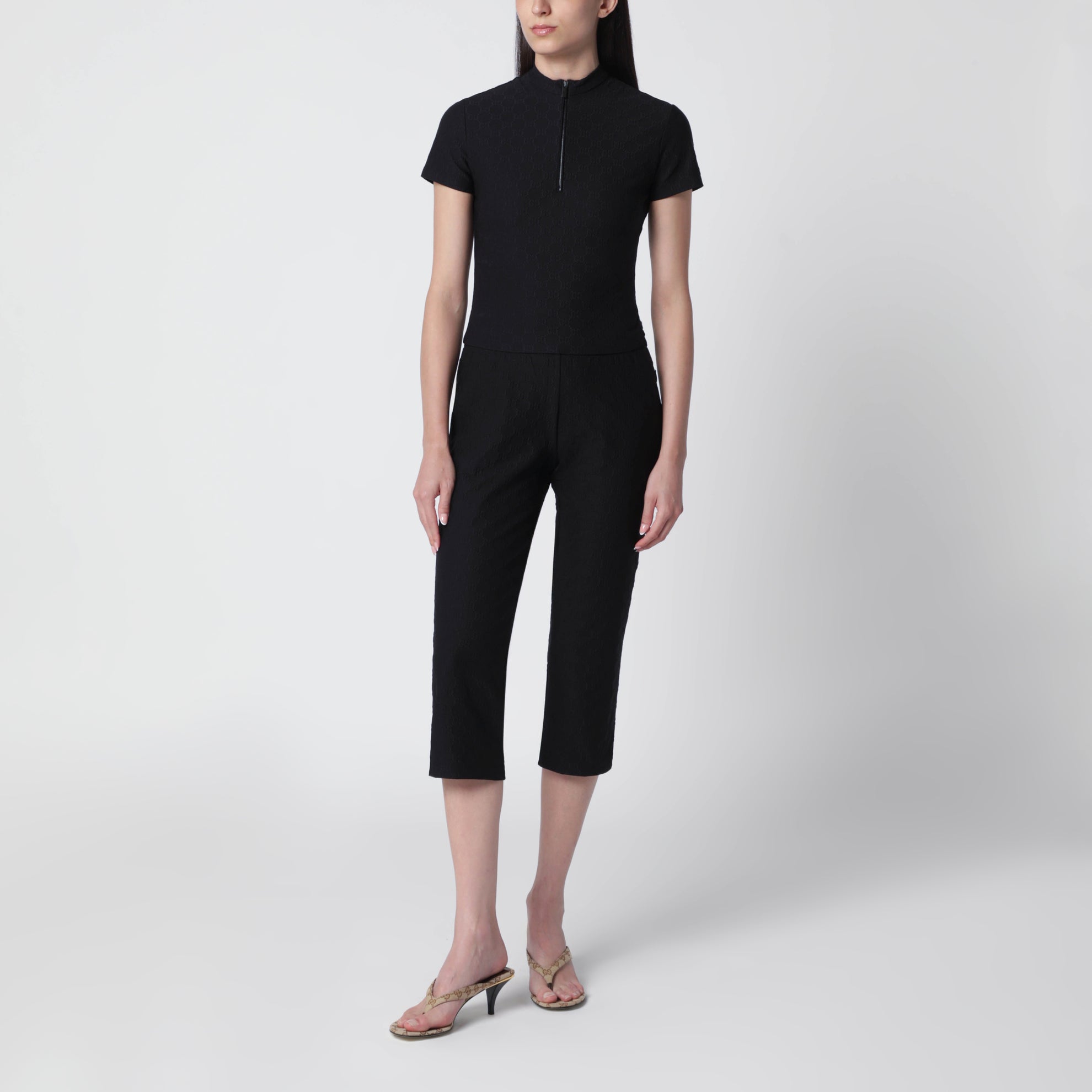 T-shirt in jersey jacquard GG con mezza zip nera
