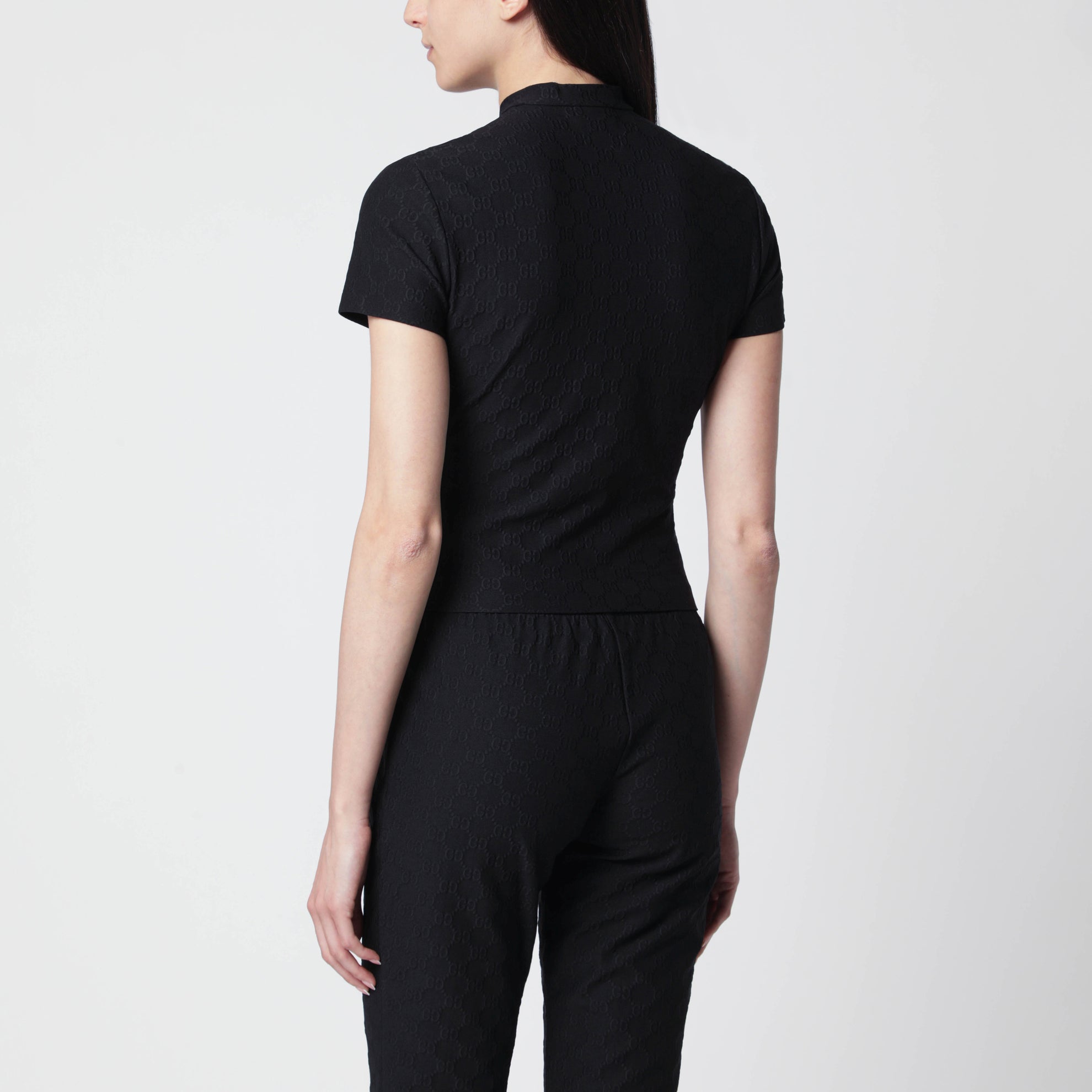T-shirt in jersey jacquard GG con mezza zip nera
