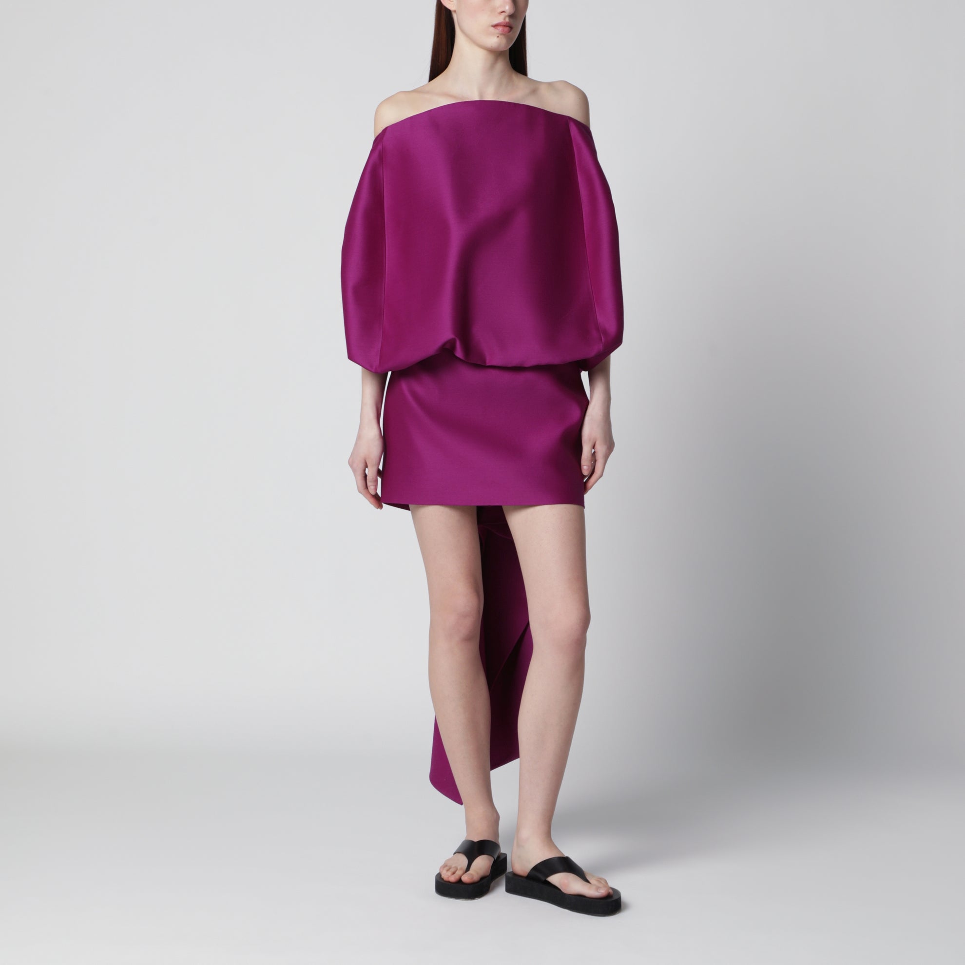 Off-shoulder mini dress in wool-silk blend, violet