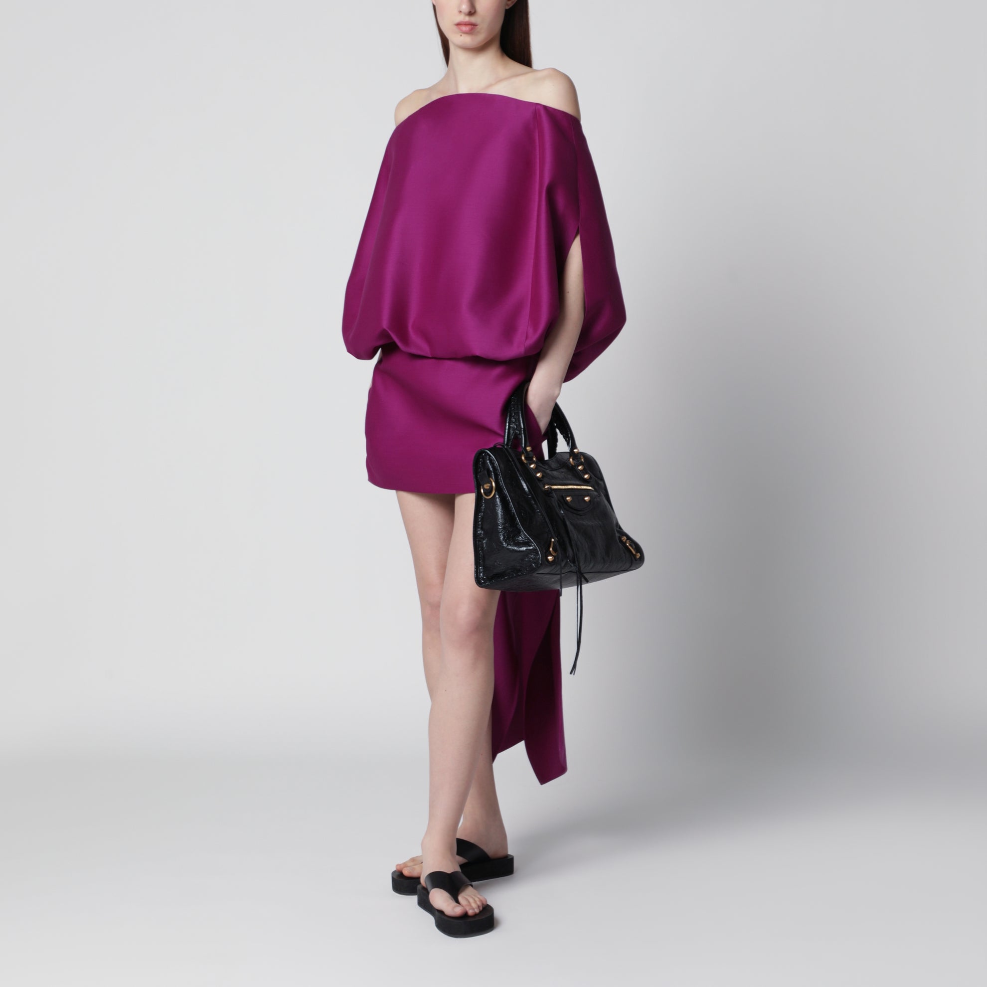 Off-shoulder mini dress in wool-silk blend, violet
