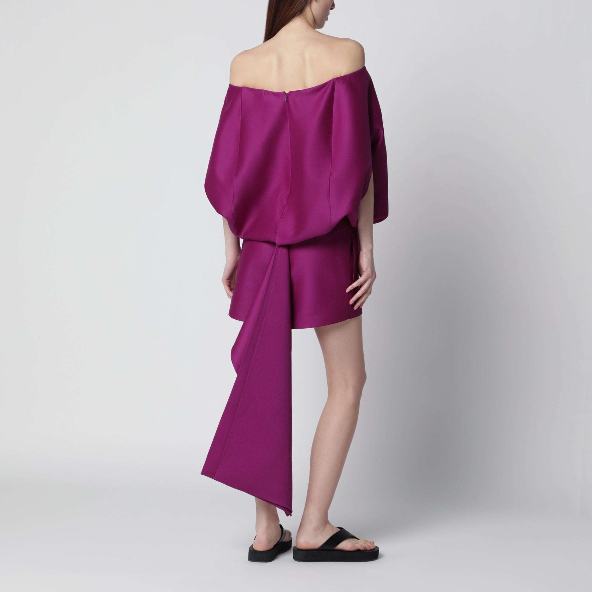 Off-shoulder mini dress in wool-silk blend, violet