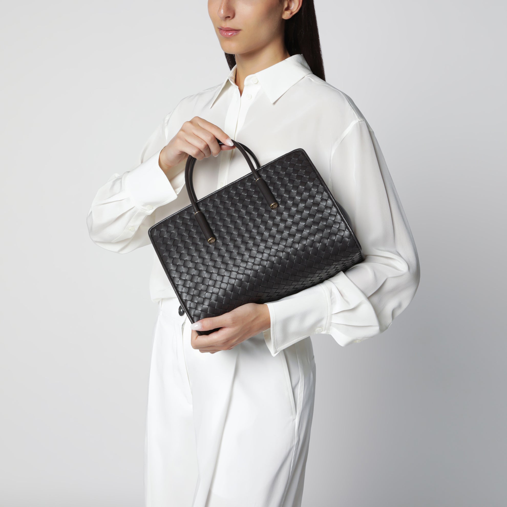 Small Barbara tote bag in espresso woven leather