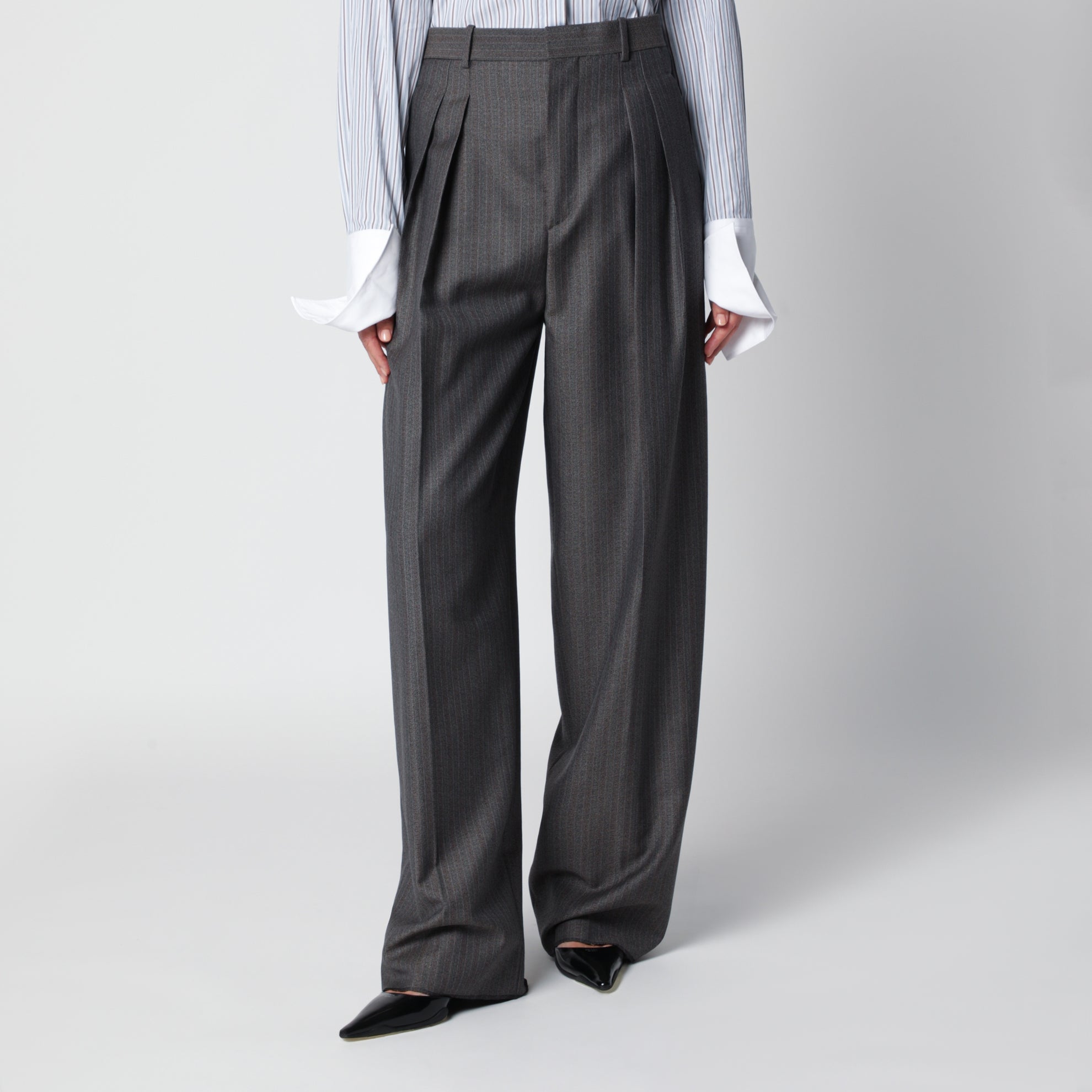 Grey mélange pinstripe trousers in mohair wool