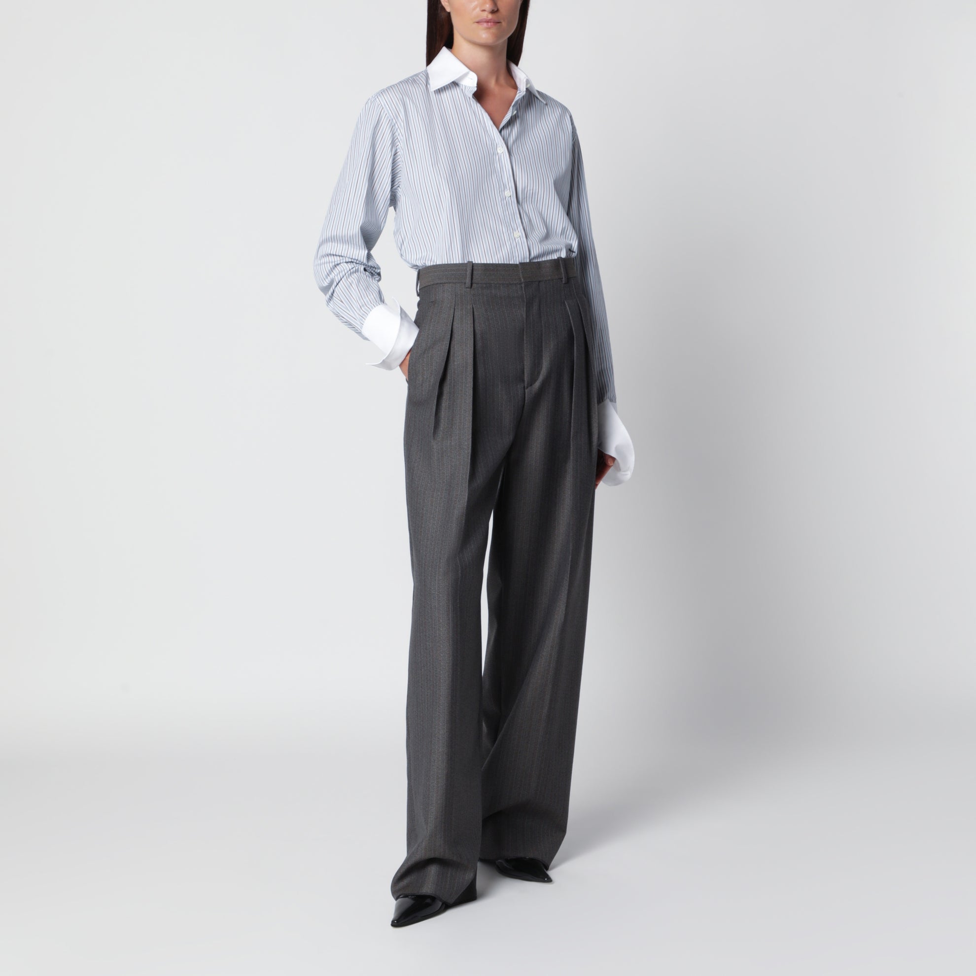 Grey mélange pinstripe trousers in mohair wool