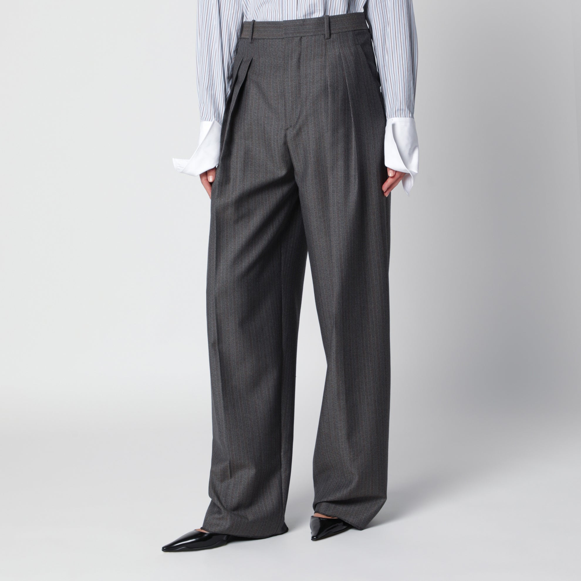 Grey mélange pinstripe trousers in mohair wool