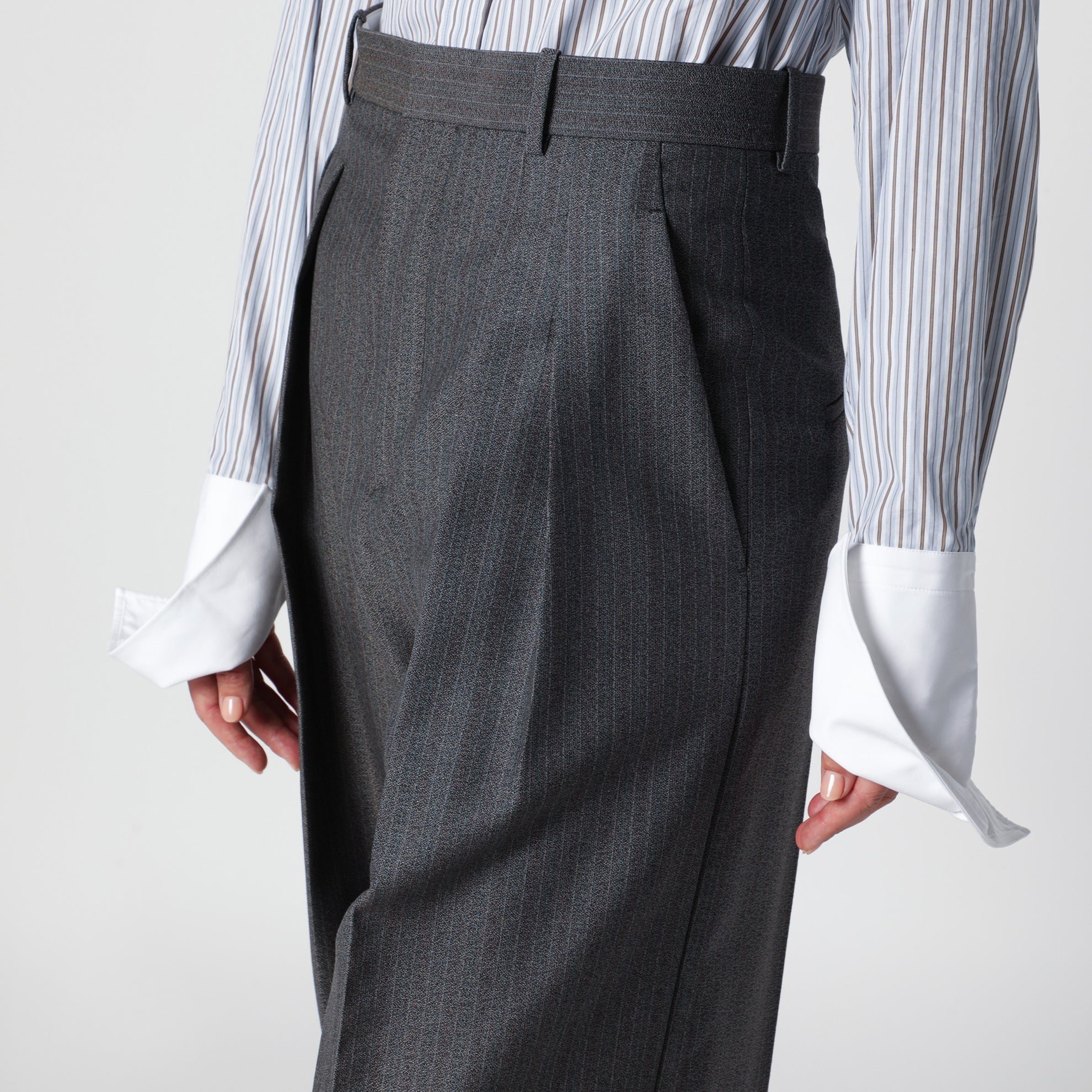 Grey mélange pinstripe trousers in mohair wool