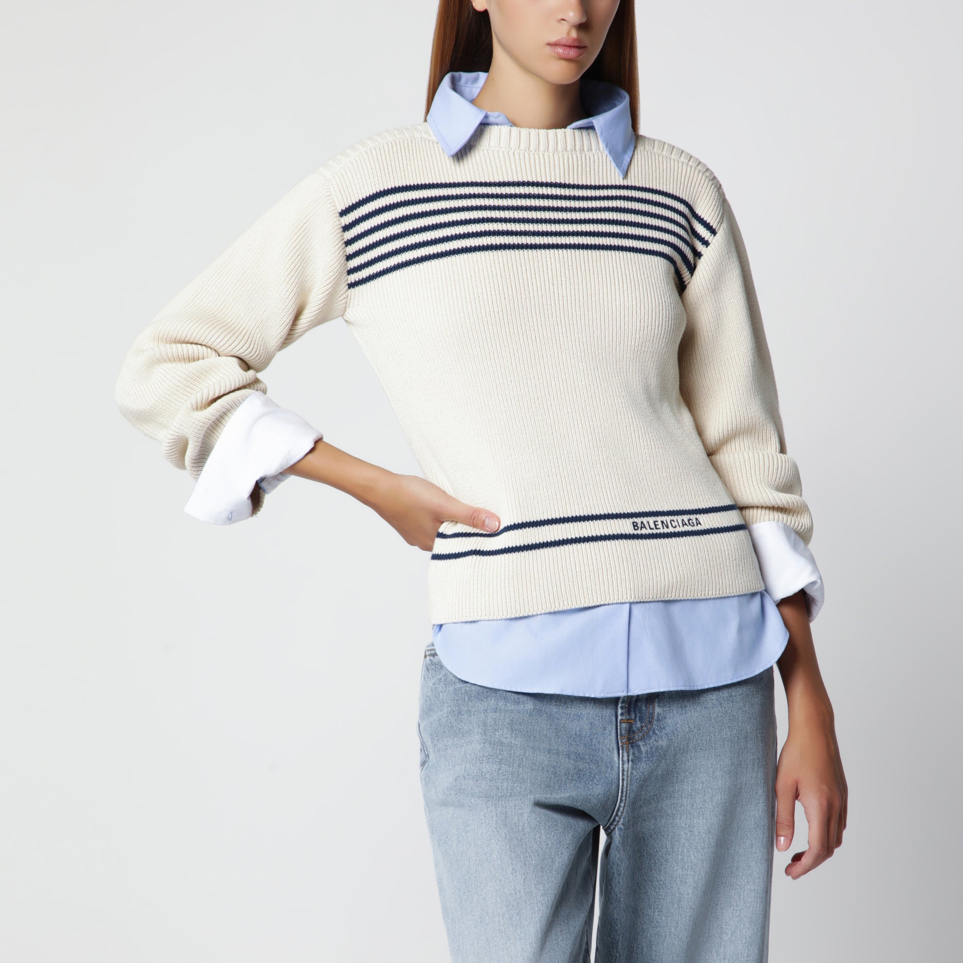 Pull col bateau en coton côtelé bleu marine/blanc
