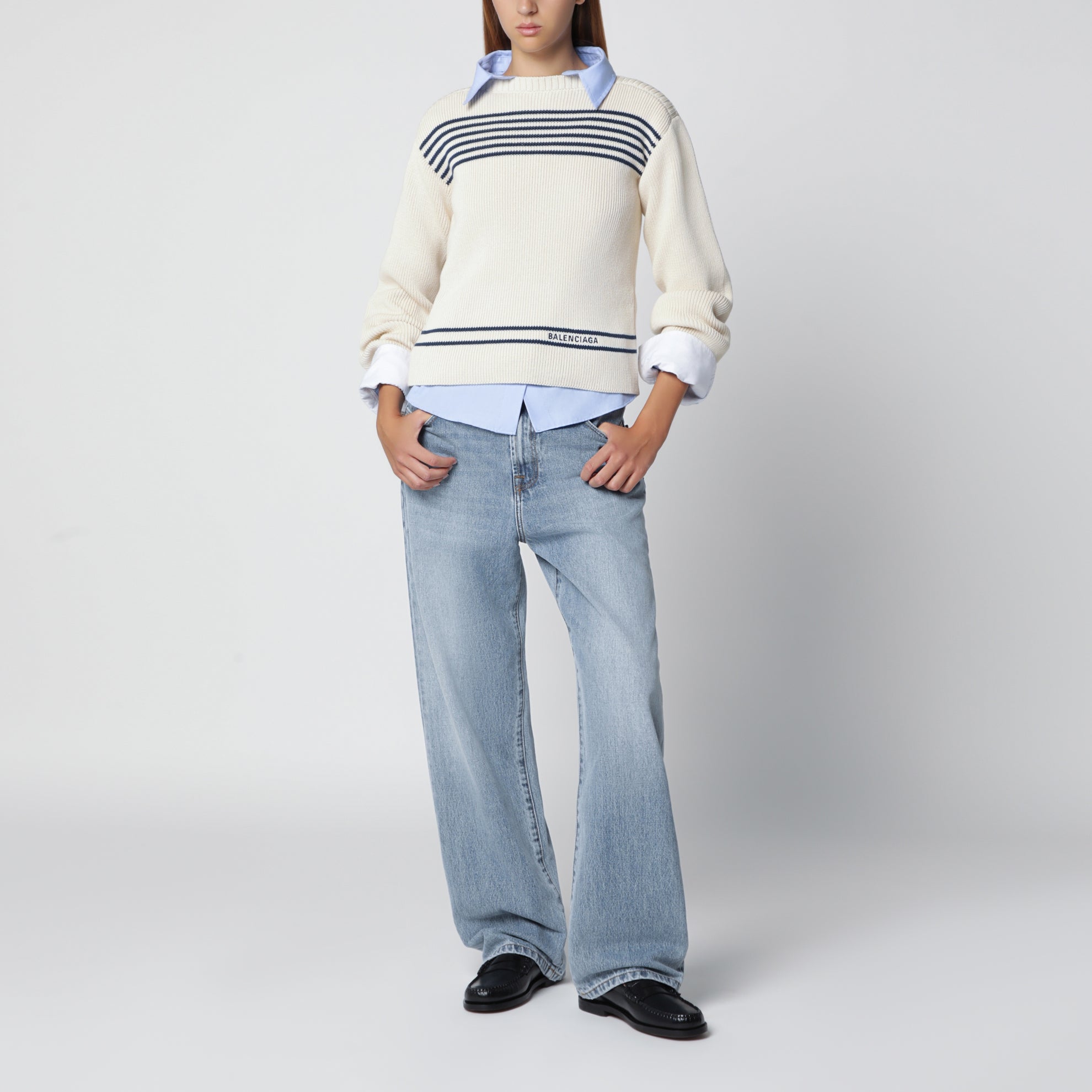 Pull col bateau en coton côtelé bleu marine/blanc