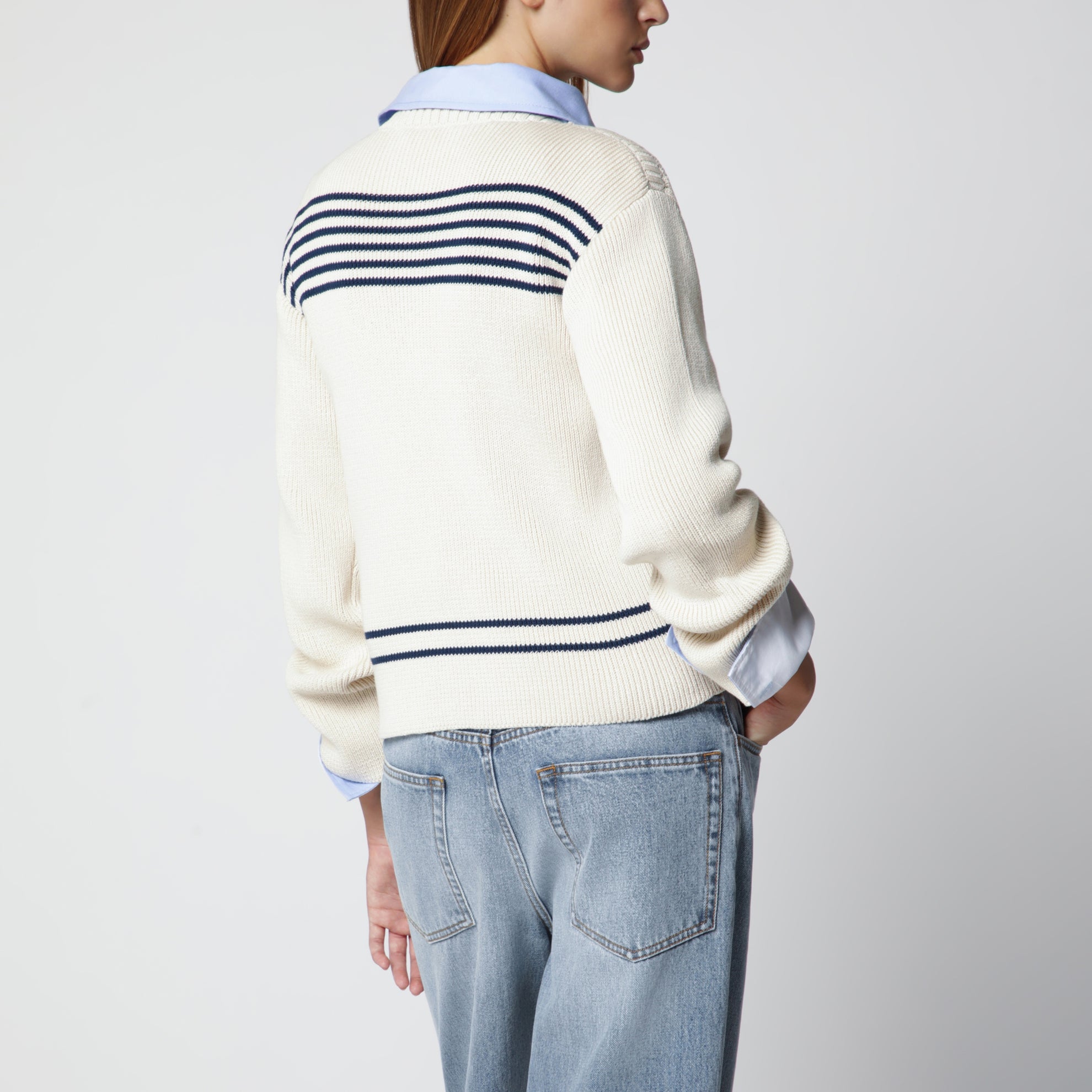 Pull col bateau en coton côtelé bleu marine/blanc