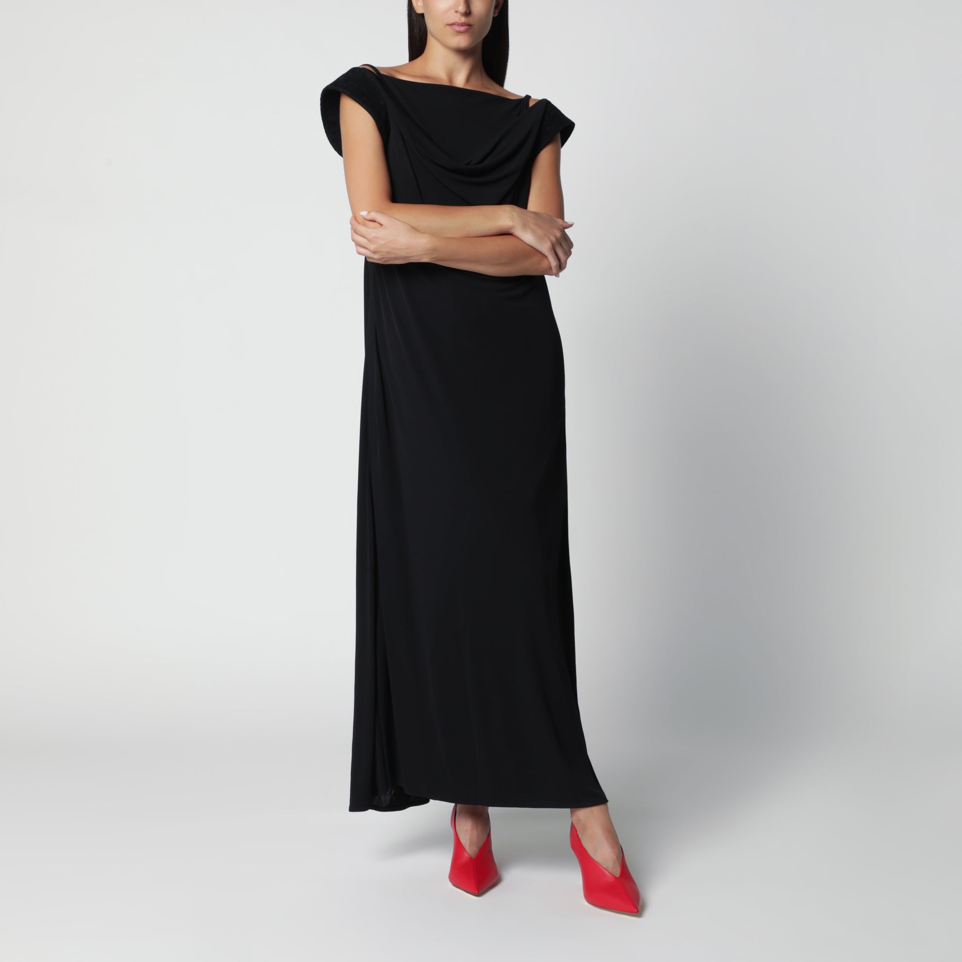 Langes Kleid aus Viskose-Crêpe-Jersey in Schwarz