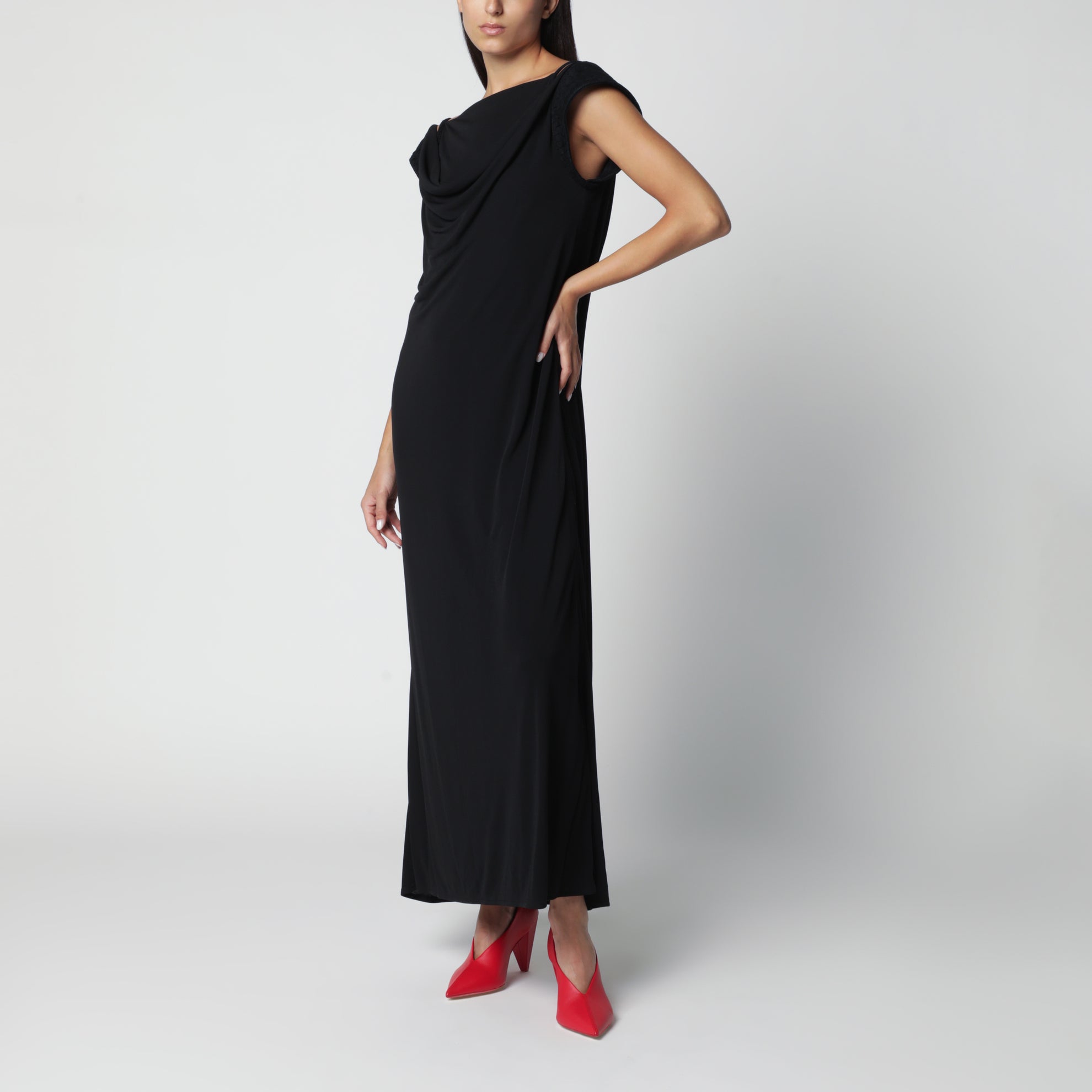 Langes Kleid aus Viskose-Crêpe-Jersey in Schwarz