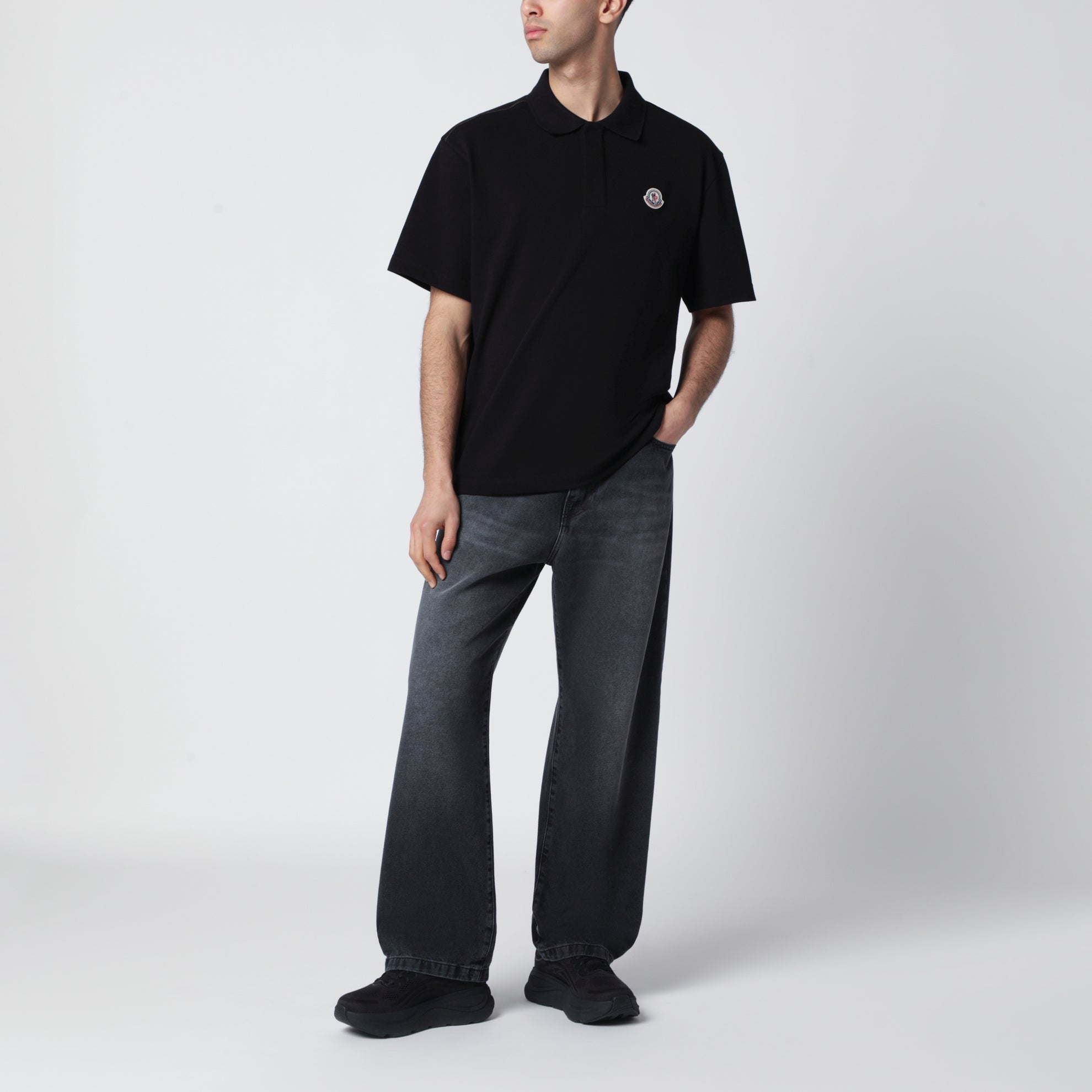 Black cotton piqué polo shirt with logo