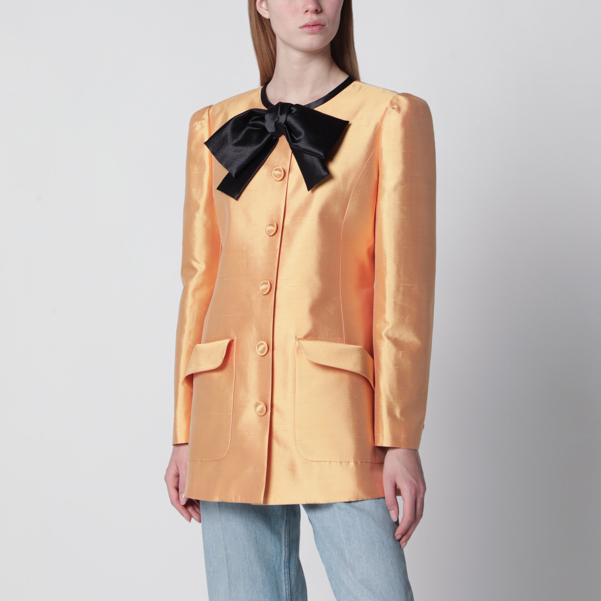 Pea coat in shantung in melon/black
