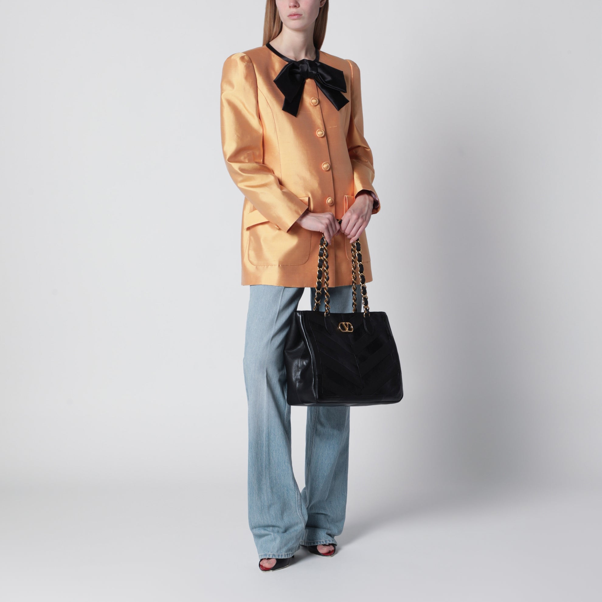 Pea coat in shantung in melon/black