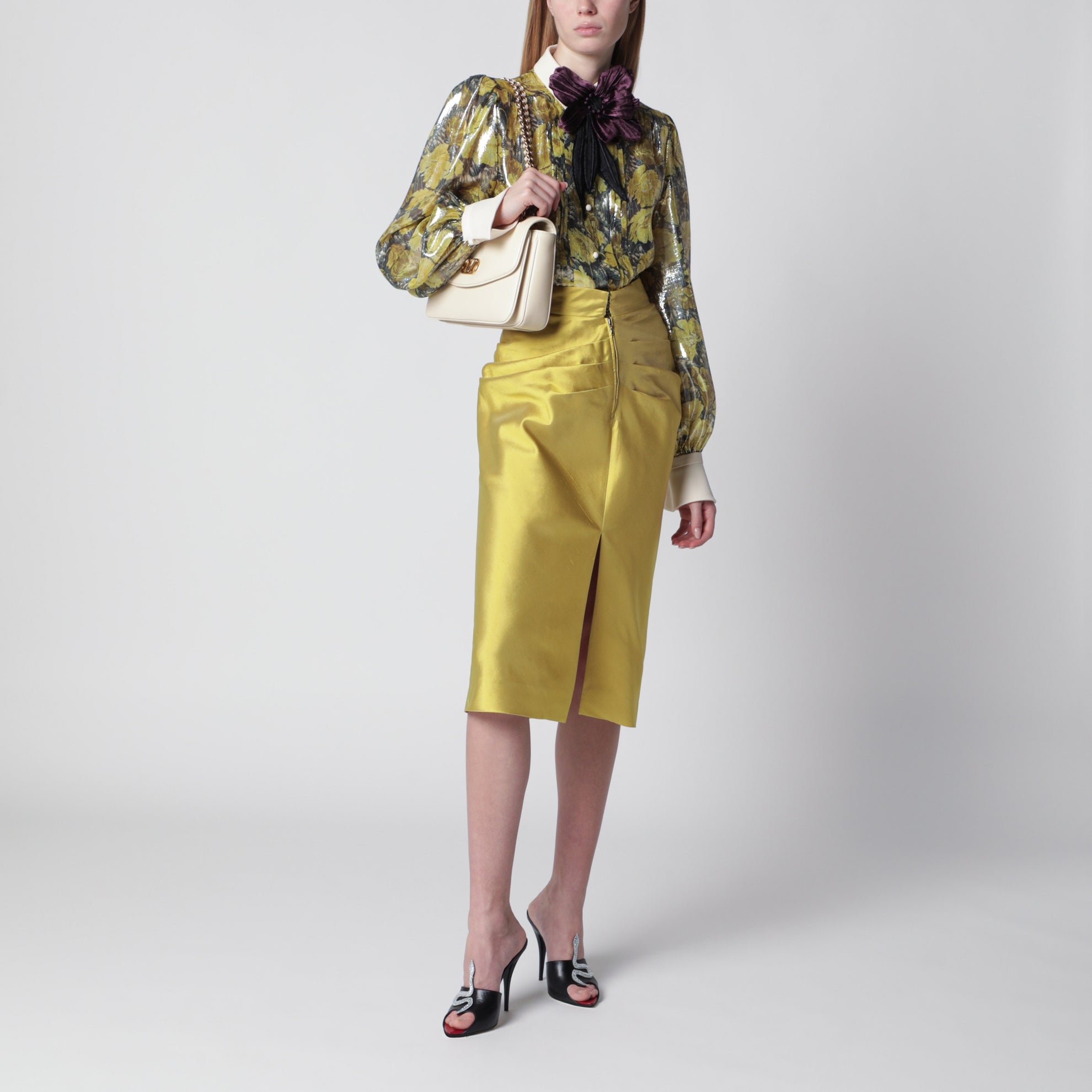 Gonna midi in shantung di seta giallo